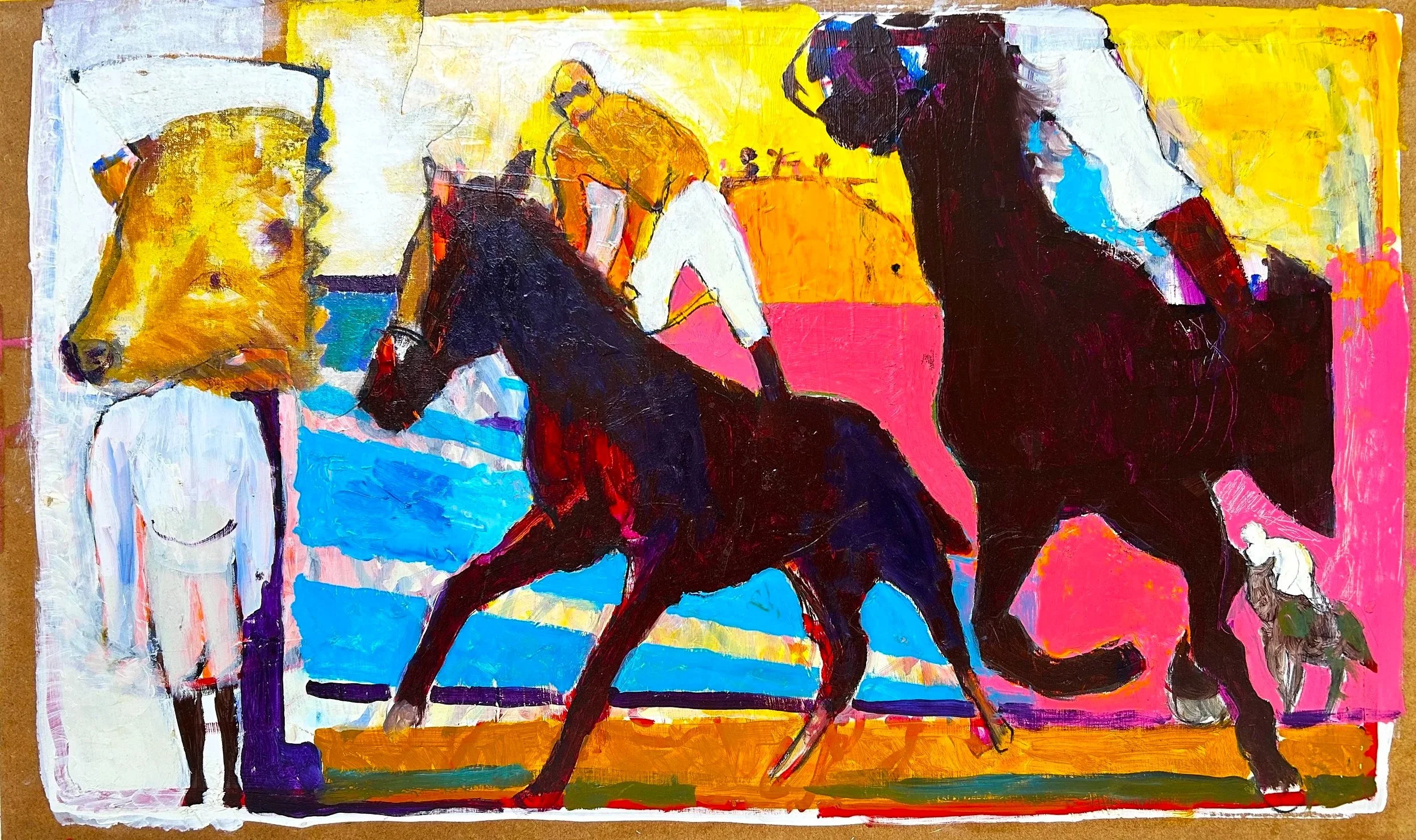 The Riders, Virgile Demo, 58.2cm x 97cm x0.6cm, Acrylic, Oil, Charcoal, Canvas Collage on Wood Panel, 2024