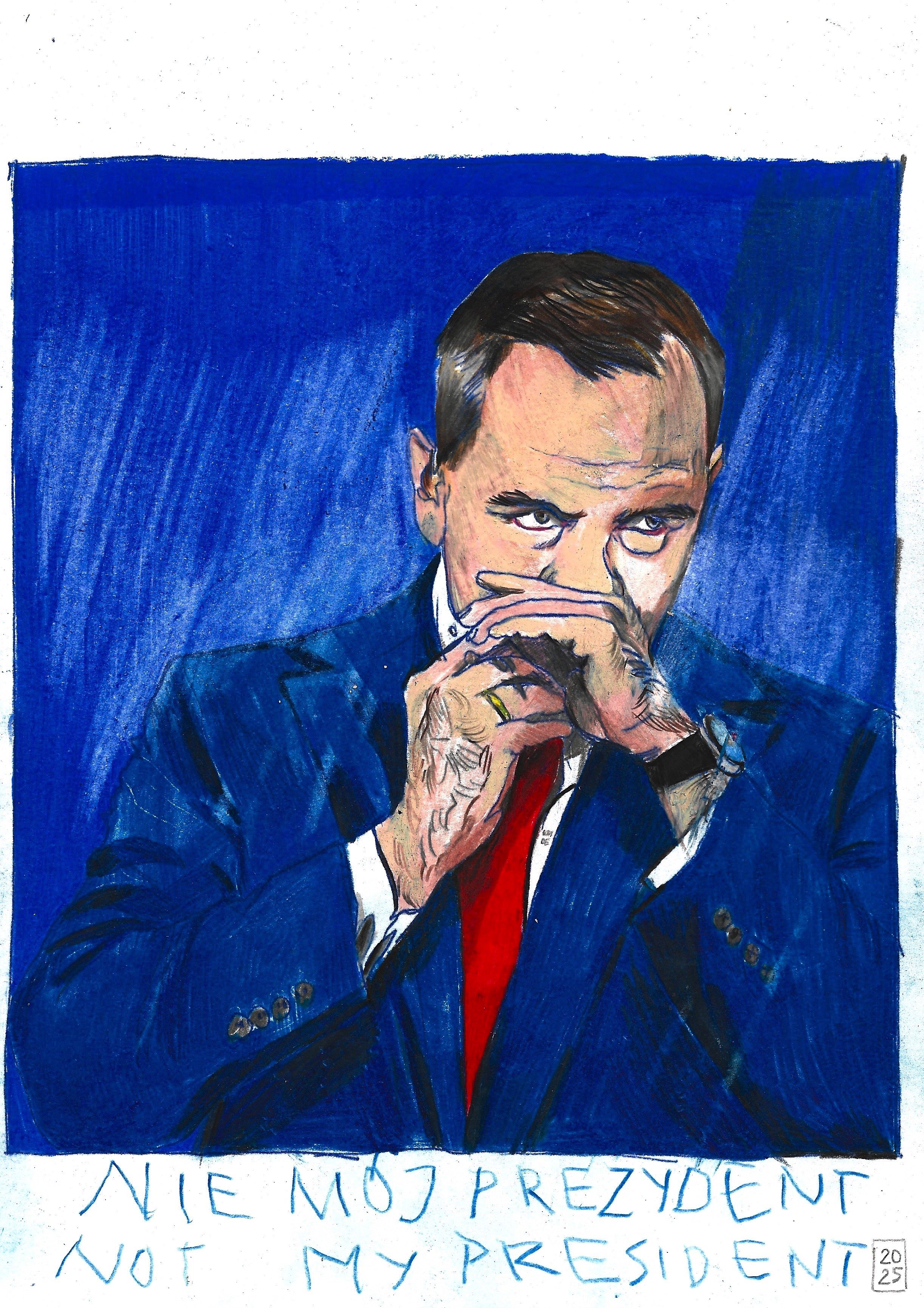 NIE MOJ PREZYDENT, NOT MY PRESIDENT, Karolina Dema, Colour Pencil and Wax Pastel on Paper, 21 x 29.7 cm, 2025 ©Demo Dema