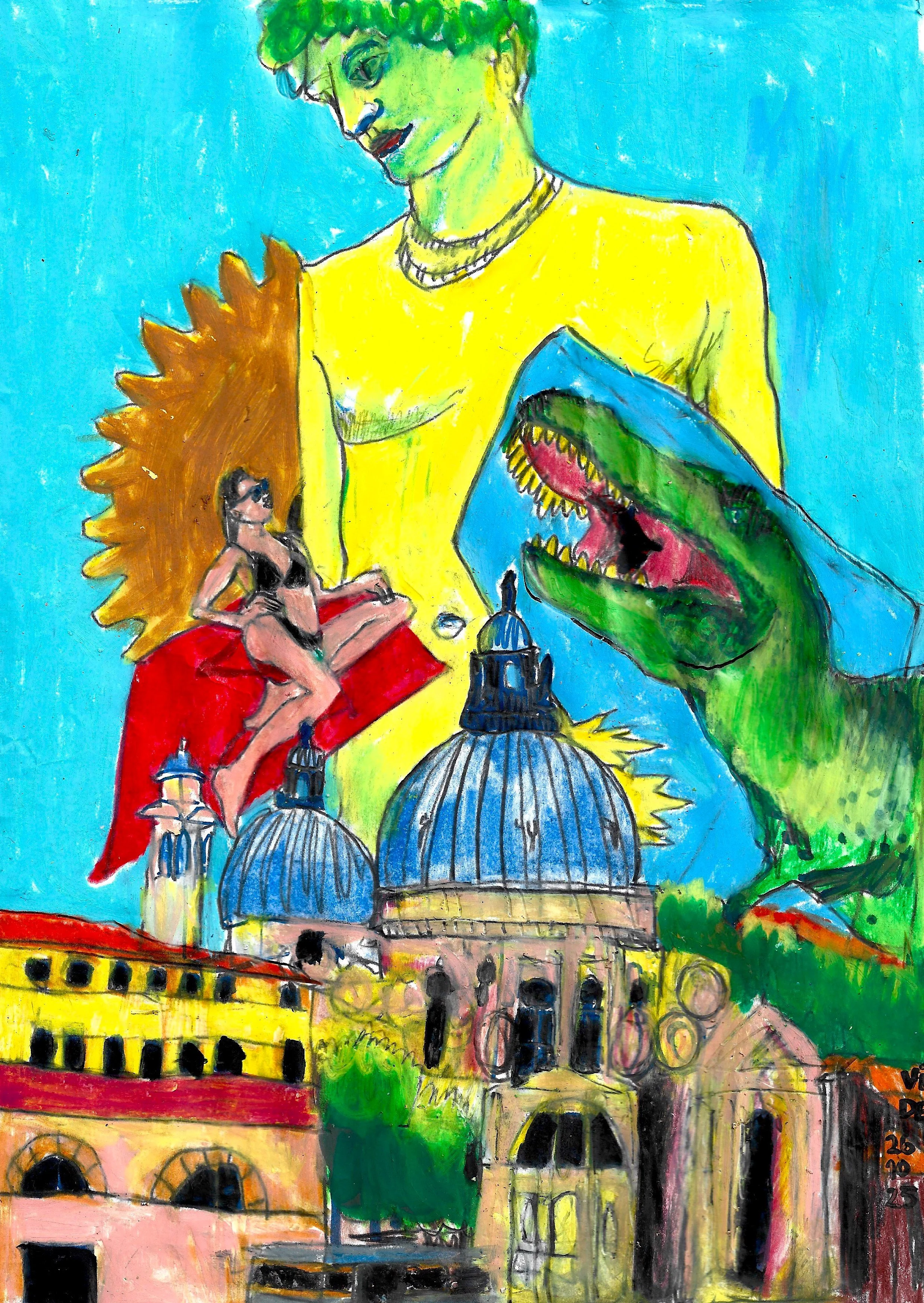 Love in Venice, Virgile Demo, 21 x 29.7cm, Colour Pencil & Wax Pastel on Paper, 2025