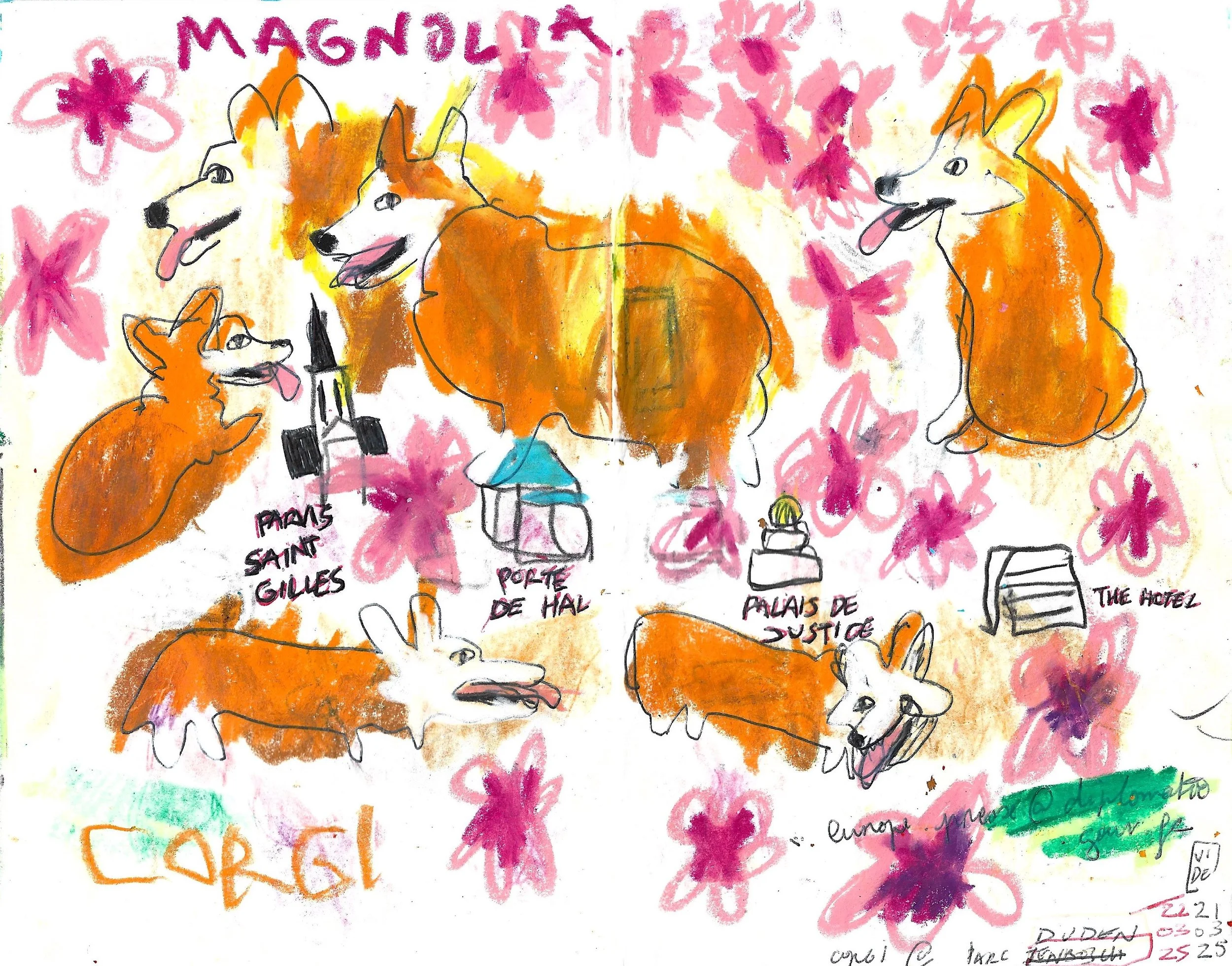 Magnolia Corgis (22/03/2025), Virgile Demo, Ball Pen, Black Pencil & Wax Pastel on Sketchbook (A5), 2025 ©Demo Dema