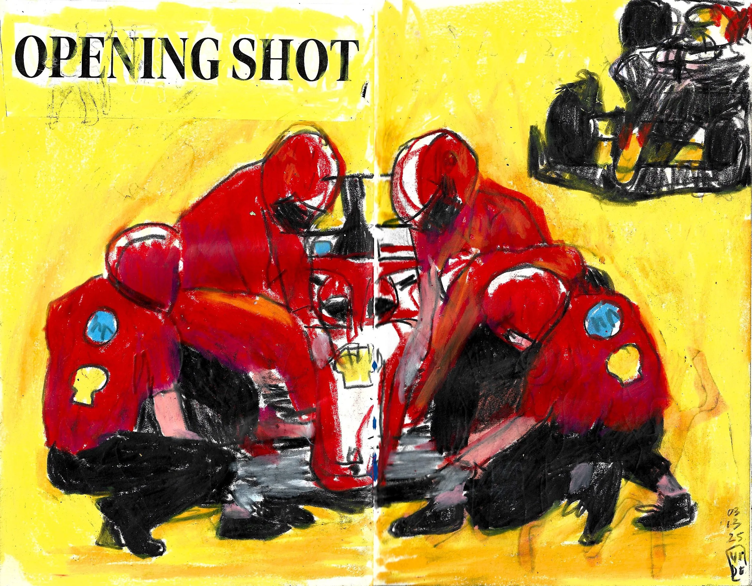 Opening Shot ( 13/03/2025), Virgile Demo, Wax Pastel, Colour Pencil & Paper Cut-Out on Sketchbook (A5), 2025 ©Demo Dema