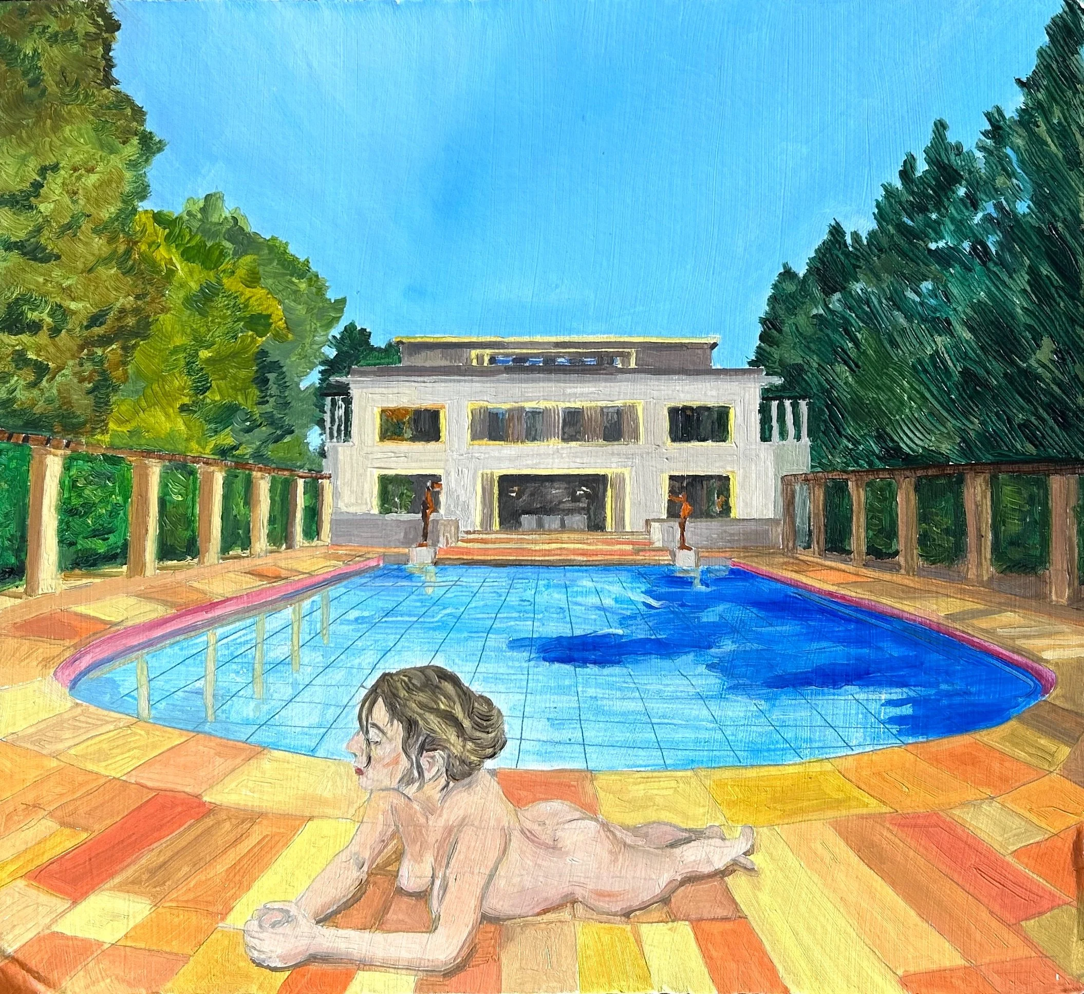 Self Deco Series: Sunbathing at Villa Empain, Triptych; Karolina Dema: Central Panel 44cm x 40cm, Oil Paint on Cardboard, 2025