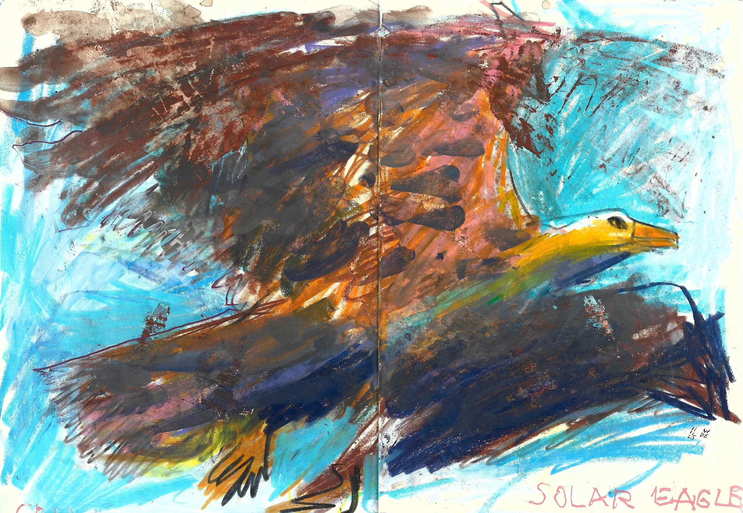 Great Solar Eagle, Virgile Demo, Wax Pastel, Poska Marker, Colour Pencil & Coffee on Sketchbook Paper (A4), 2025
©Demo Dema