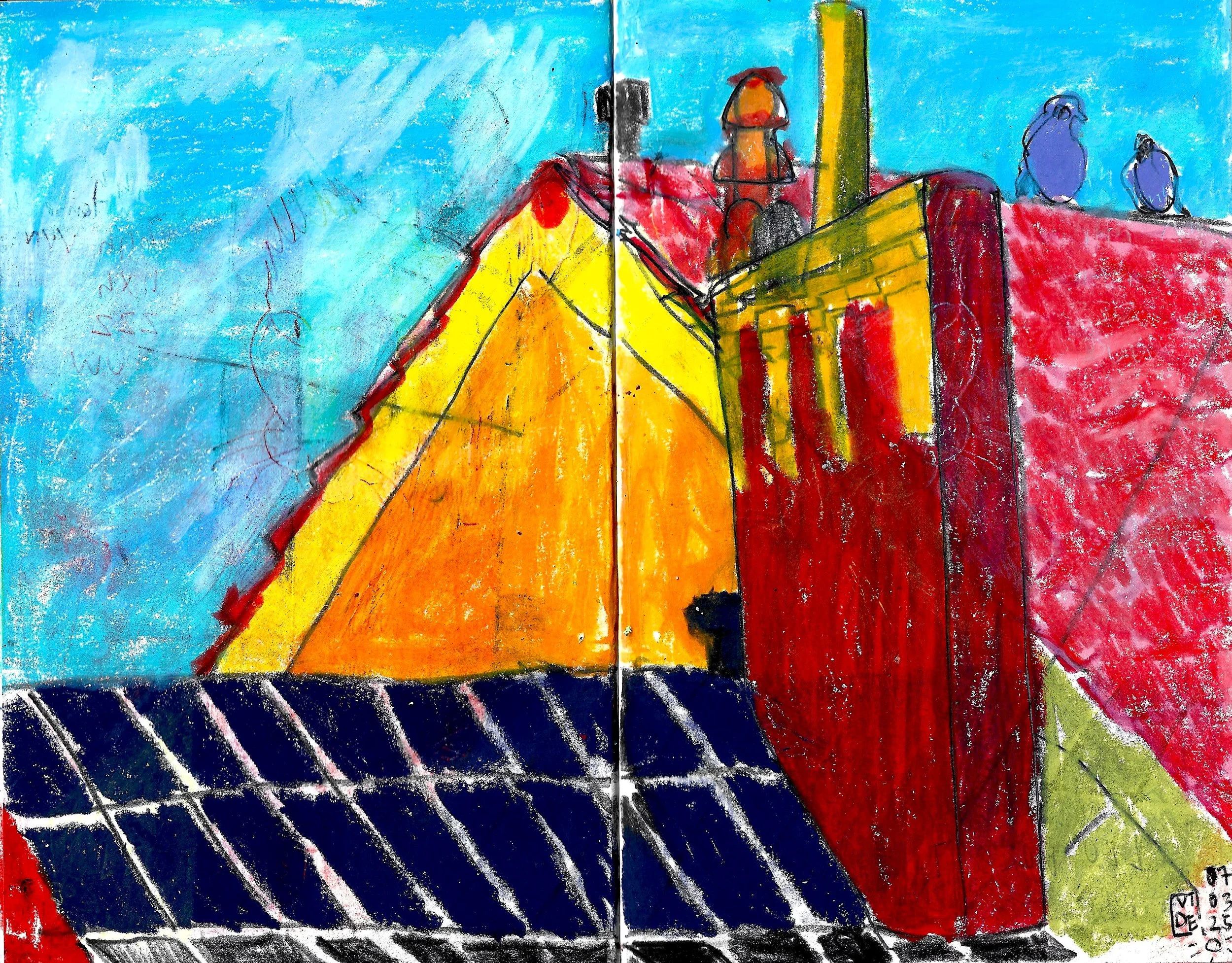 Rooftops of Saint-Gilles (07/03/2025), Virgile Demo, Ball Pen, Colour Pencil & Wax Pastel on Sketchbook (A5), 2025 ©Demo Dema