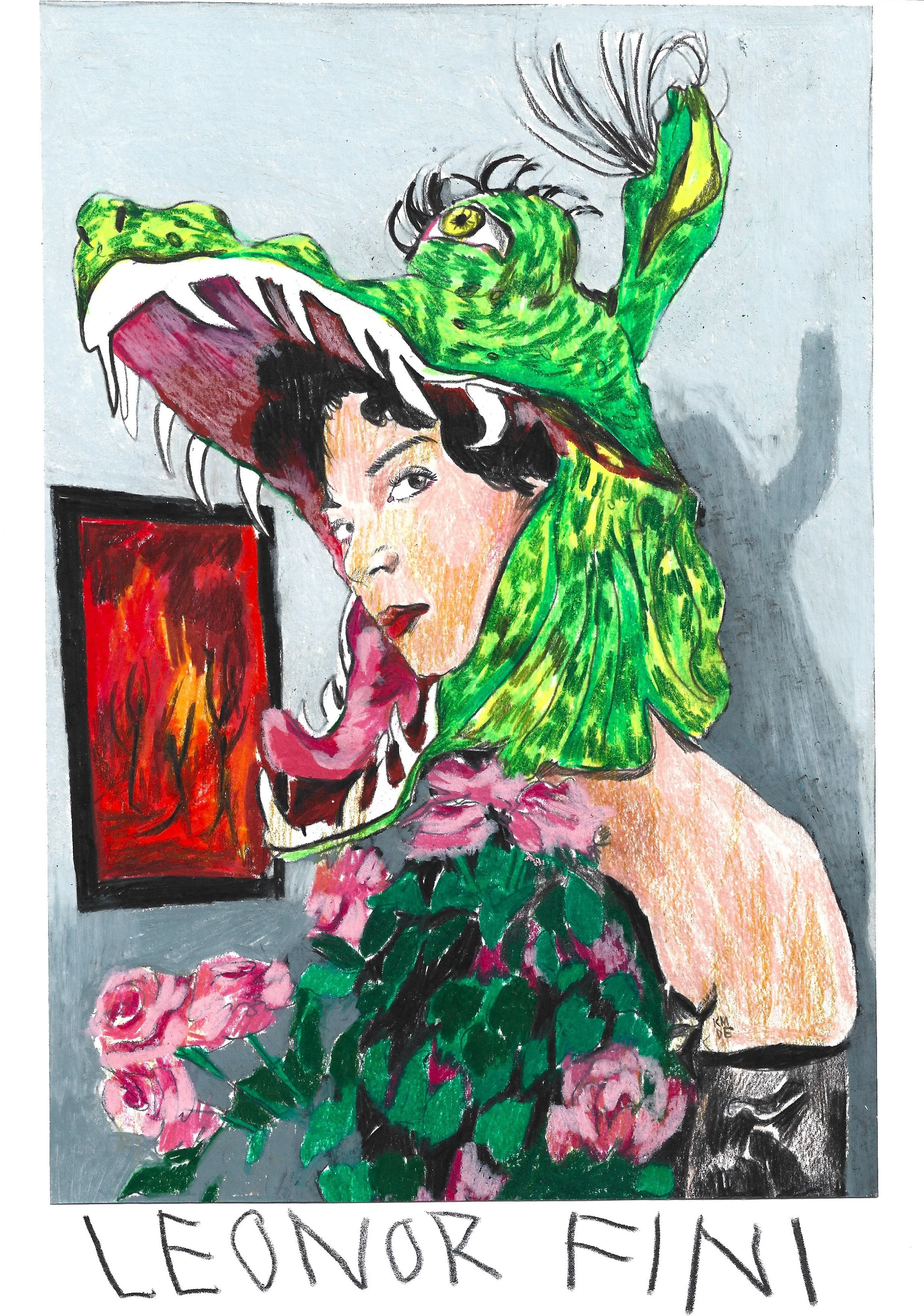 Leonor Fini, Karolina Dema, Colour Pencil and Wax Pastel on Paper, 21 x 29.7cm, 2025 ©Demo Dema