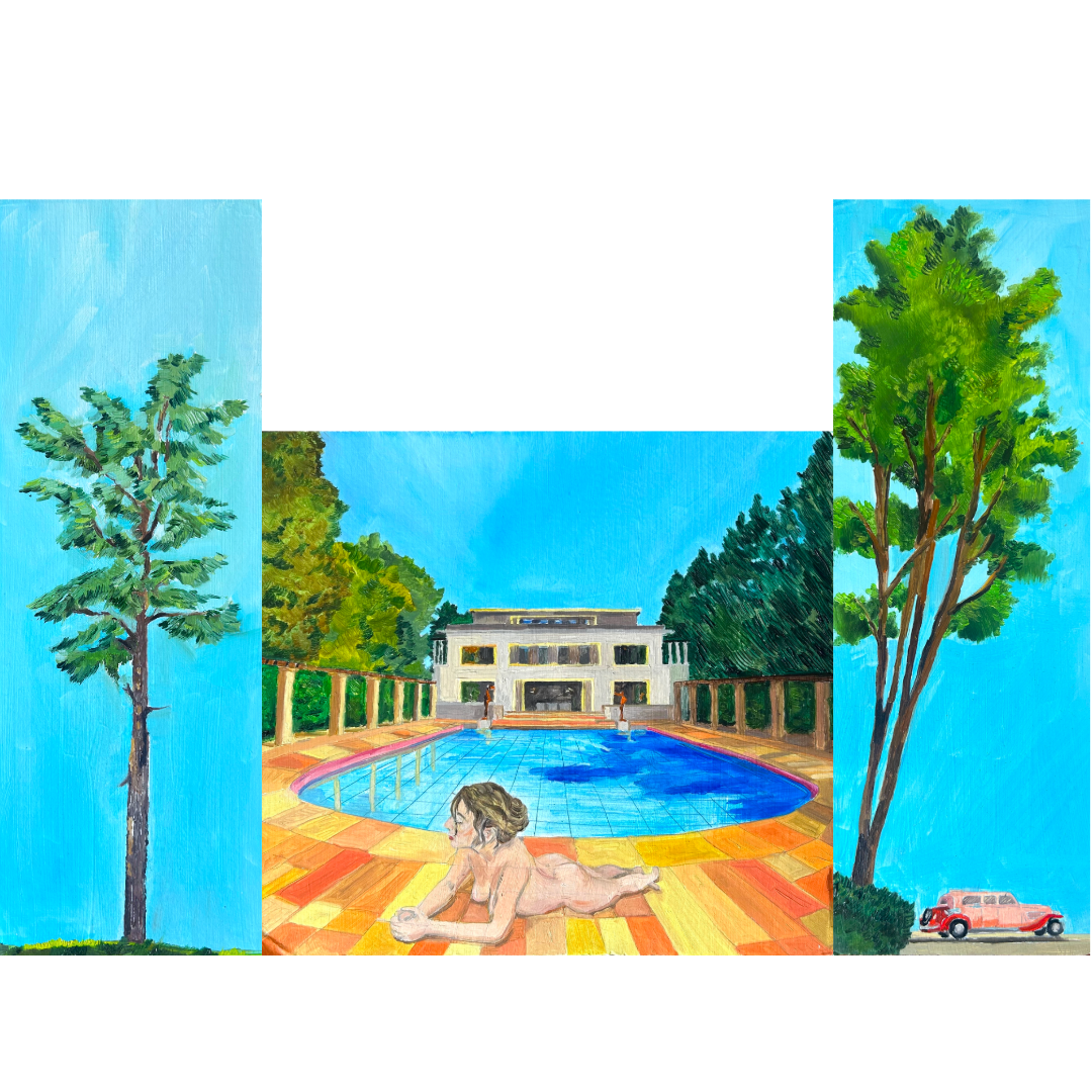 Self Deco Series: Sunbathing at Villa Empain, Triptych, Karolina Dema: Central Panel 44cm x 40cm; Left and Right Panels 48cm x 18 cm, Oil Paint on Cardboard, 2025