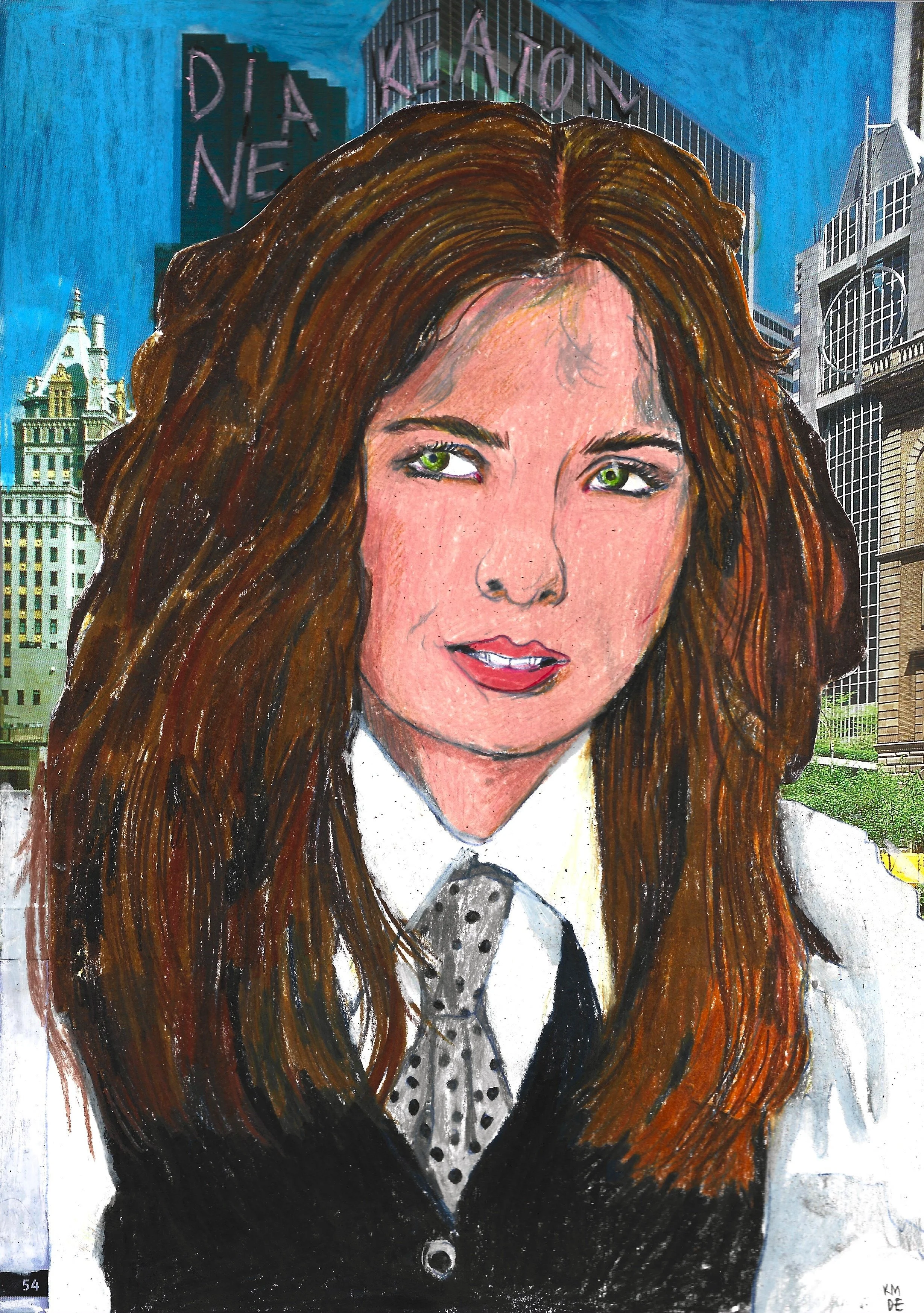 Diane Keaton, Karolina Dema, Colour Pencil, Collage and Wax Pastel on Paper, 21 x 29.7cm, 2025
©Demo Dema