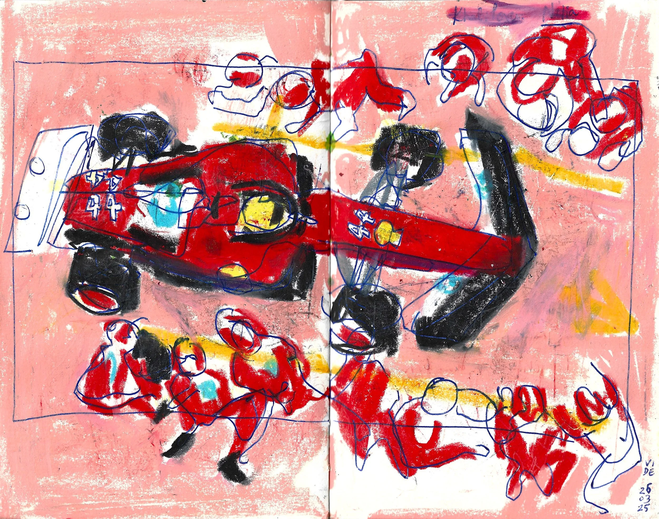 Ready to Launch (25/03/2025), Virgile Demo, Ball Pen & Wax Pastel on Sketchbook (A5), 2025 ©Demo Dema