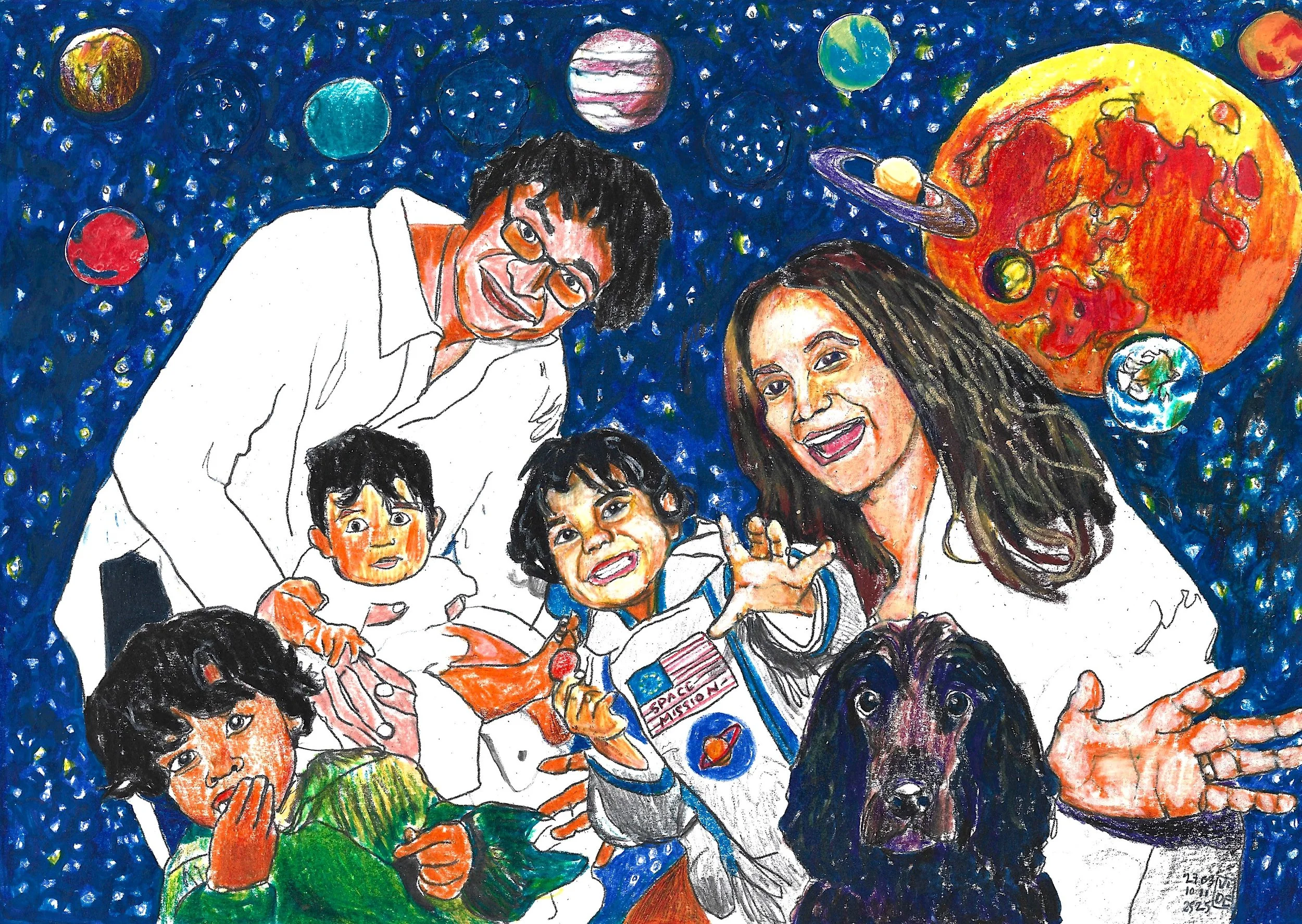 Colorful drawing of a family of five, including two adults and three children, with a dog, all in space-themed background with planets and stars.