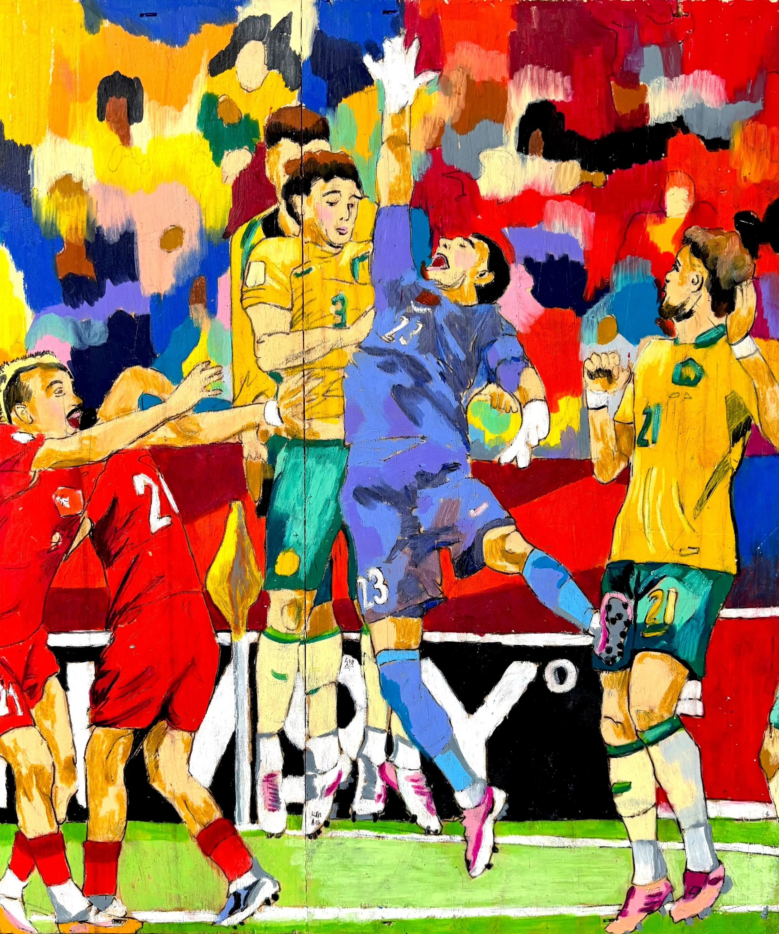 Australia vs Egypt, Karolina Dema, 30 cm x 40 cm x 5 cm, Wax Pastel & Colour Pencil on Wood Board, 2026
