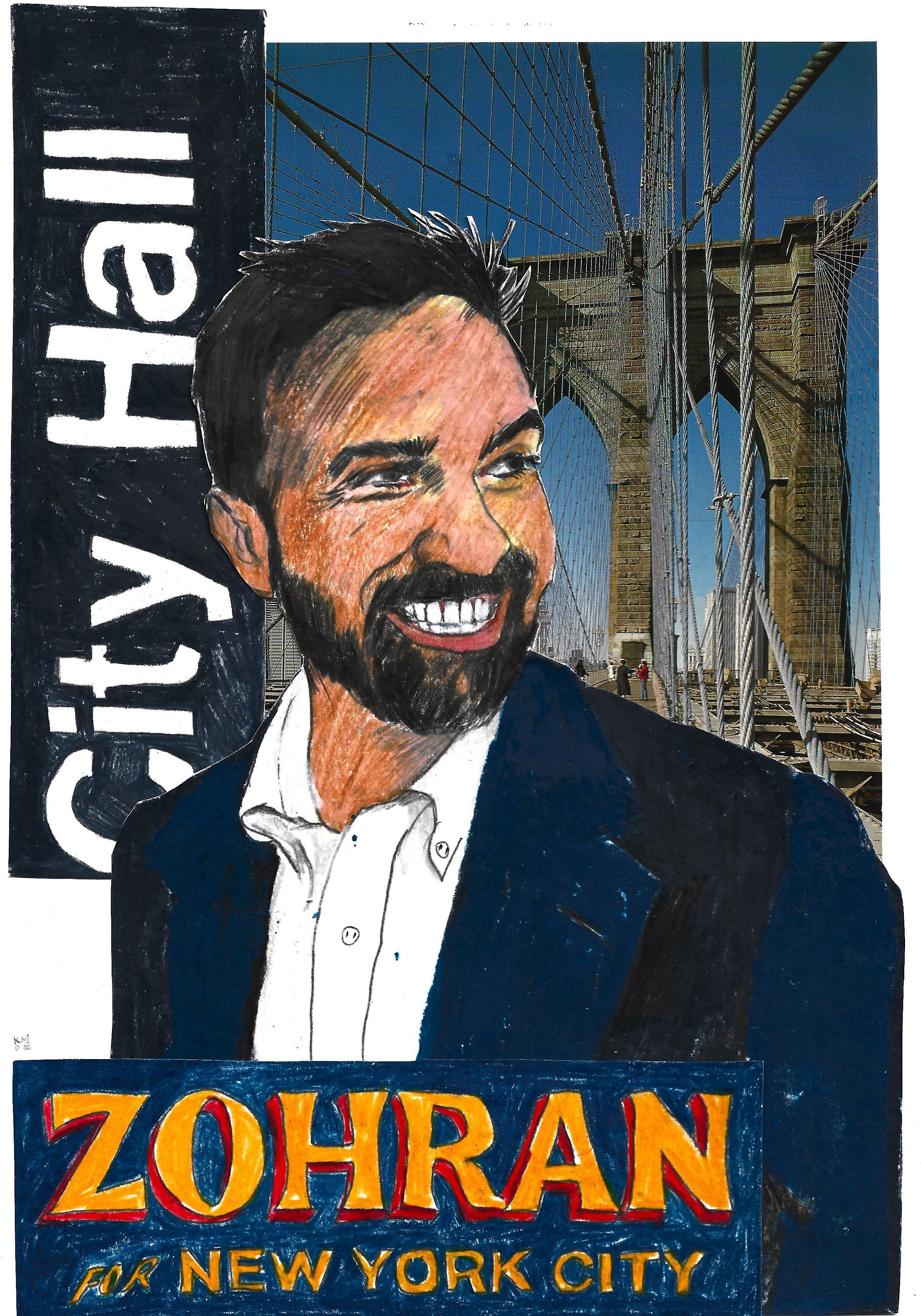 Zohran Mamdani, Mayor-elect of New York City, Karolina Dema, Collage, Colour Pencil and Wax Pastel on Paper, 21 x 29.7cm, 2025            
©Demo Dema

