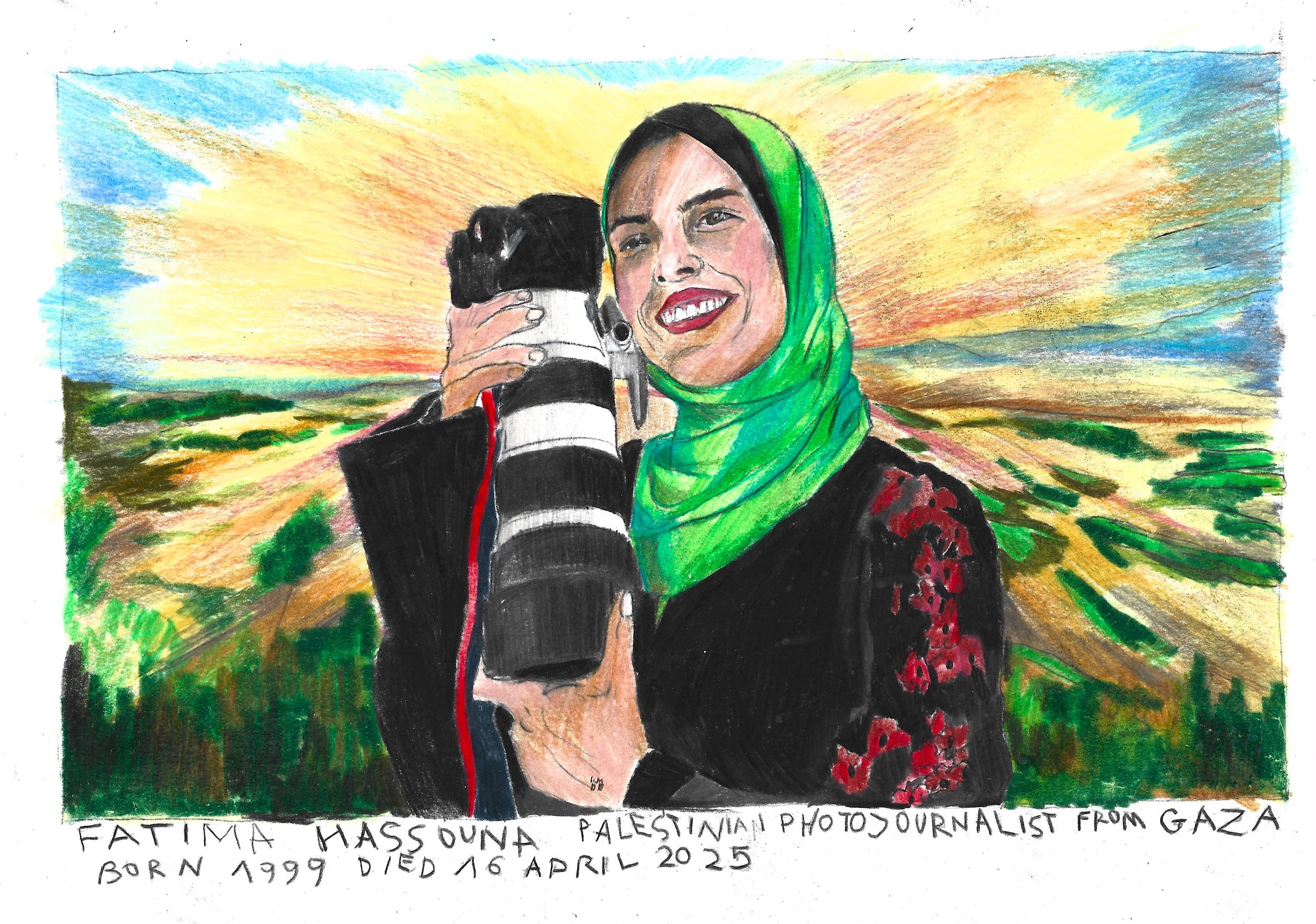 Fatima Hassouna, Palestinian Photojournalist, Karolina Dema, Colour Pencil on Paper, 21 x 29.7 cm, 2025 ©Demo Dema