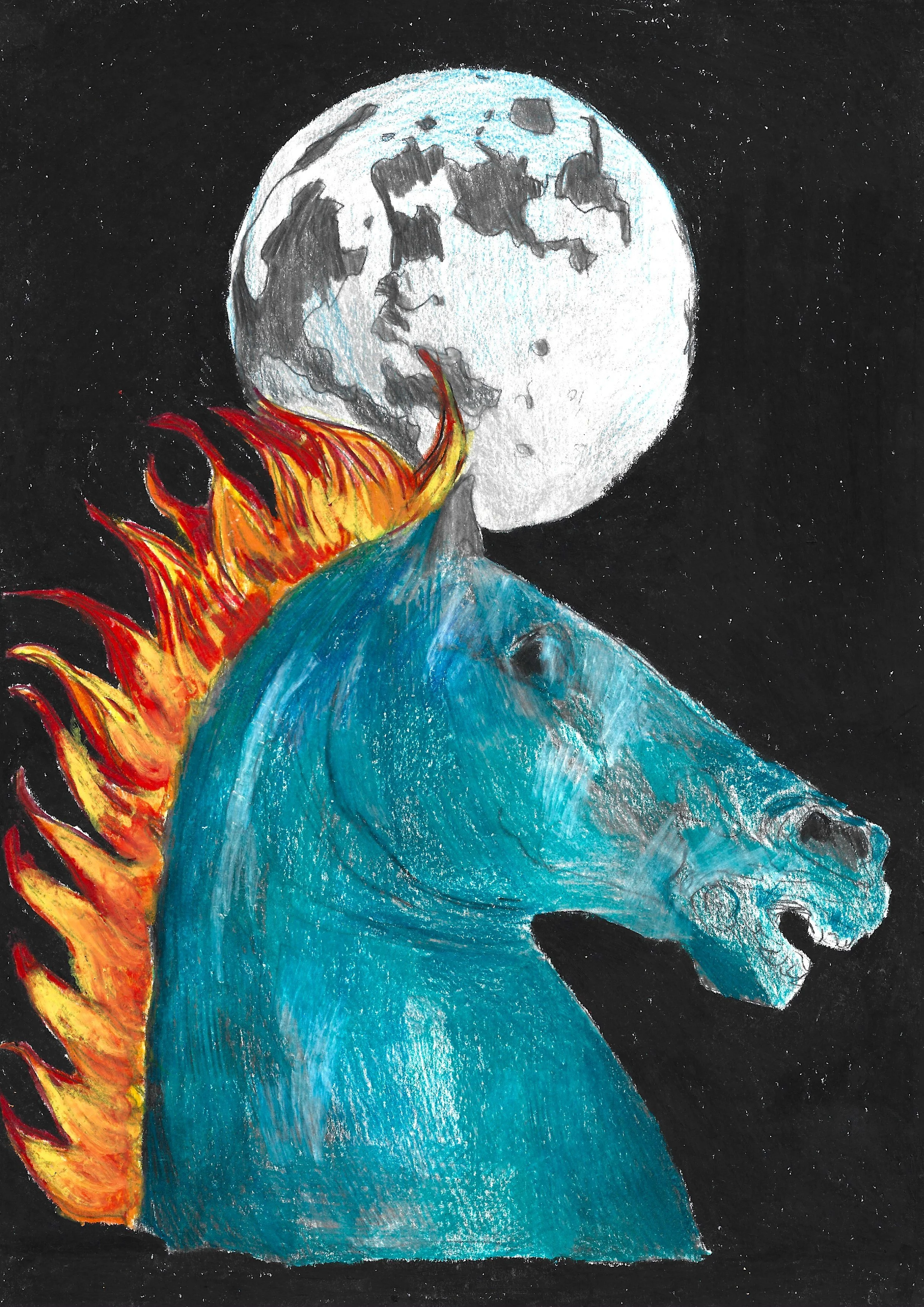 Fire Horse: The Moon, Karolina Dema, Colour Pencil and Wax Pastel, 21 x 29.7cm, 2026 ©Demo Dema
