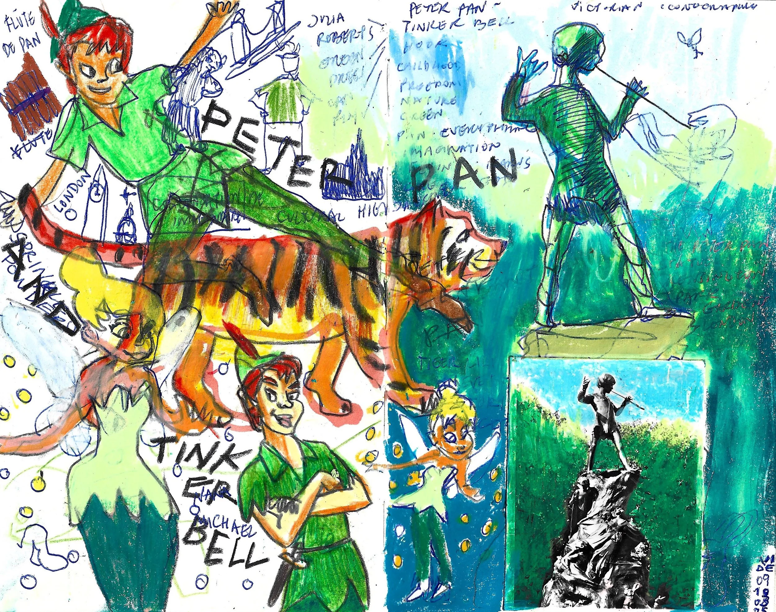 Peter Pan & Tinker Bell ( 10/03/2025), Virgile Demo, Ball Pen, Colour Pencil, Wax Pastel  & Coloured Photograph on Sketchbook (A5), 2025 ©Demo Dema