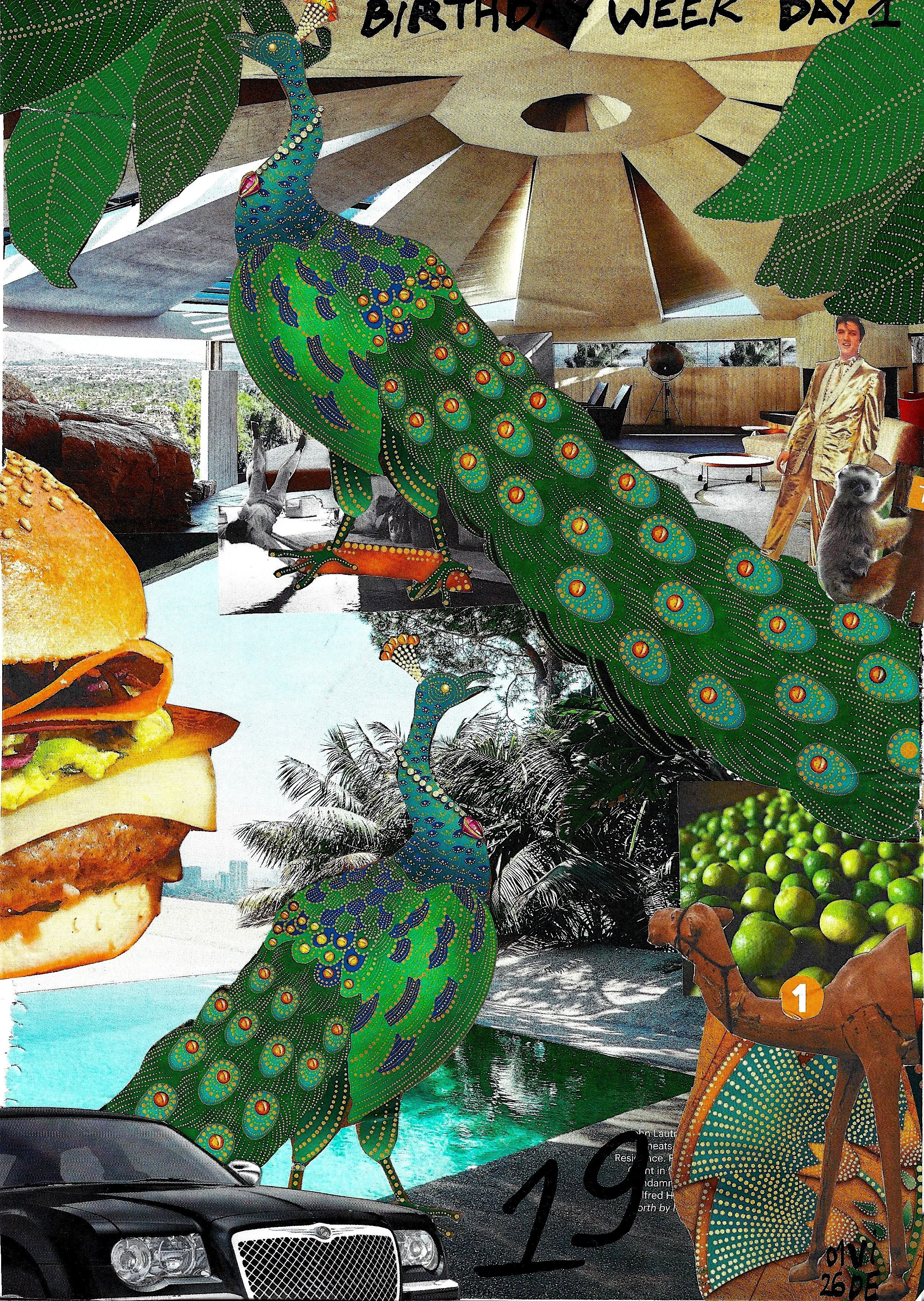 19 Jan 26: Two Peacocks (Birthday Week, Day 1), Virgile Demo, Cut and Paste on Paper, 21 x 29.7 cm, 2026