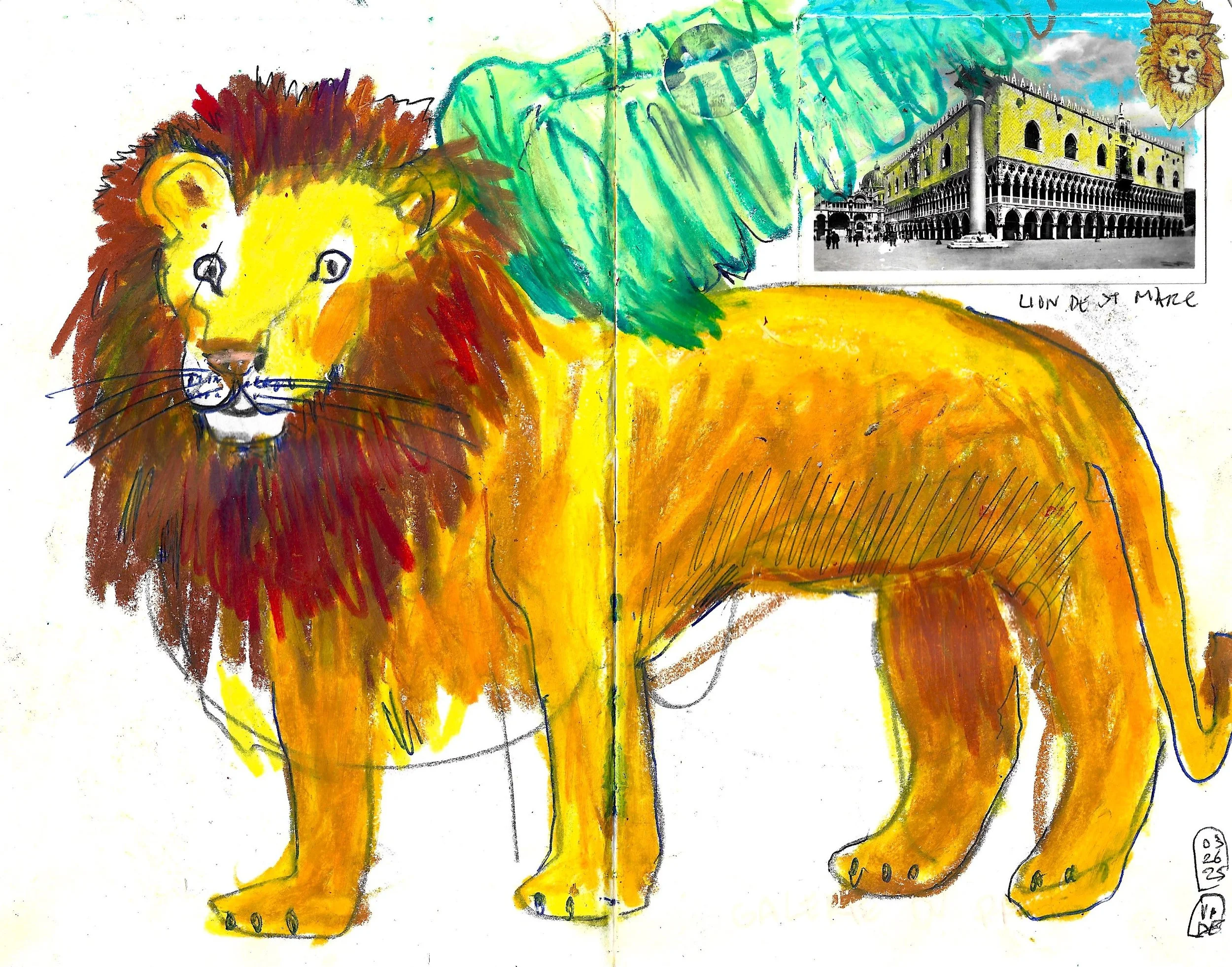 Lion de Saint-Marc (26/03/2025), Virgile Demo, Ball Pen, Wax Pastel, Vintage Photograph & Paper Cut-Out on Sketchbook (A5), 2025 ©Demo Dema