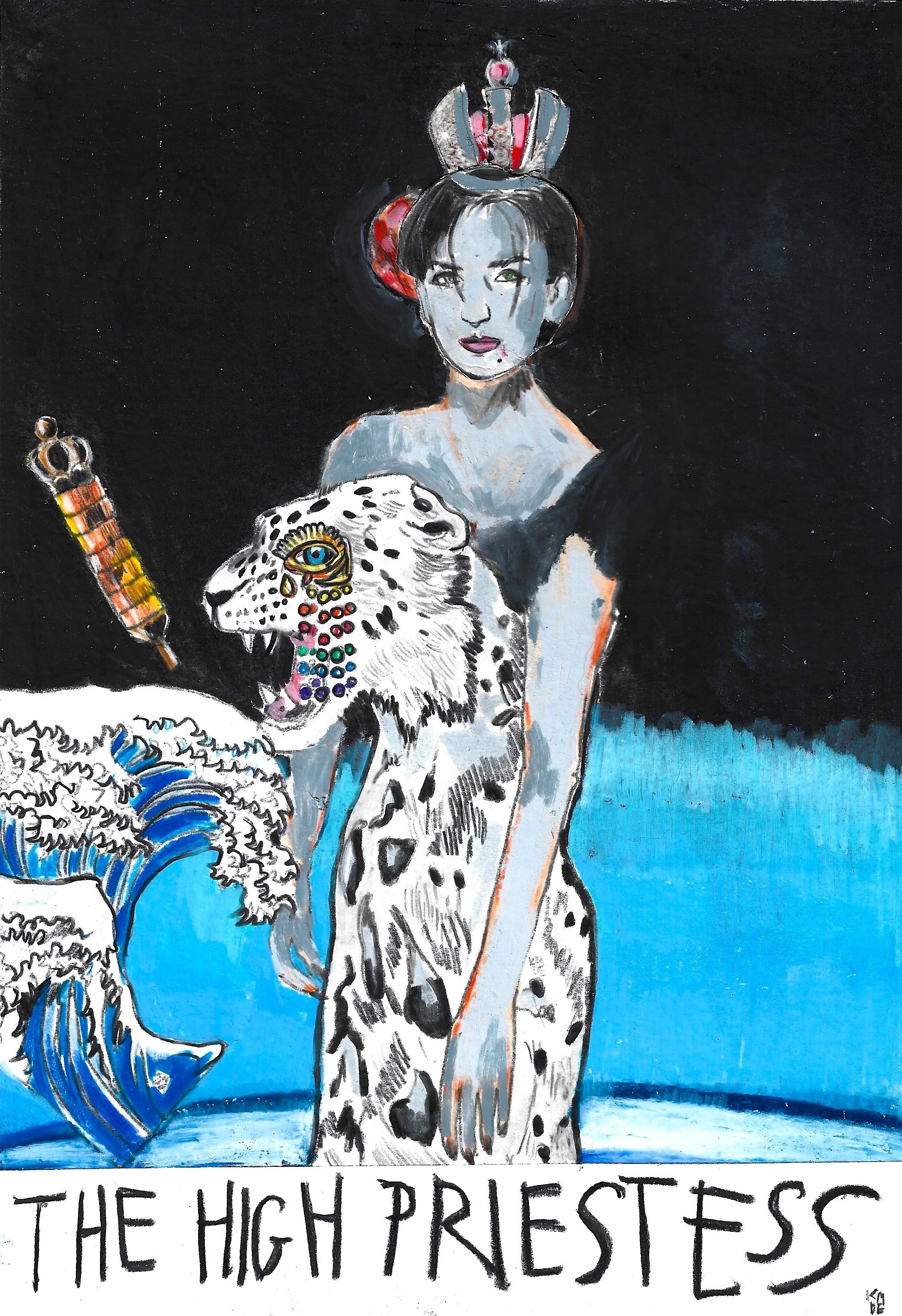 The High Priestess, Karolina Dema, Colour Pencil, Collage, Wax Pastel and Marker on Paper, 21 x 29.7cm,  2024  ©Demo Dema