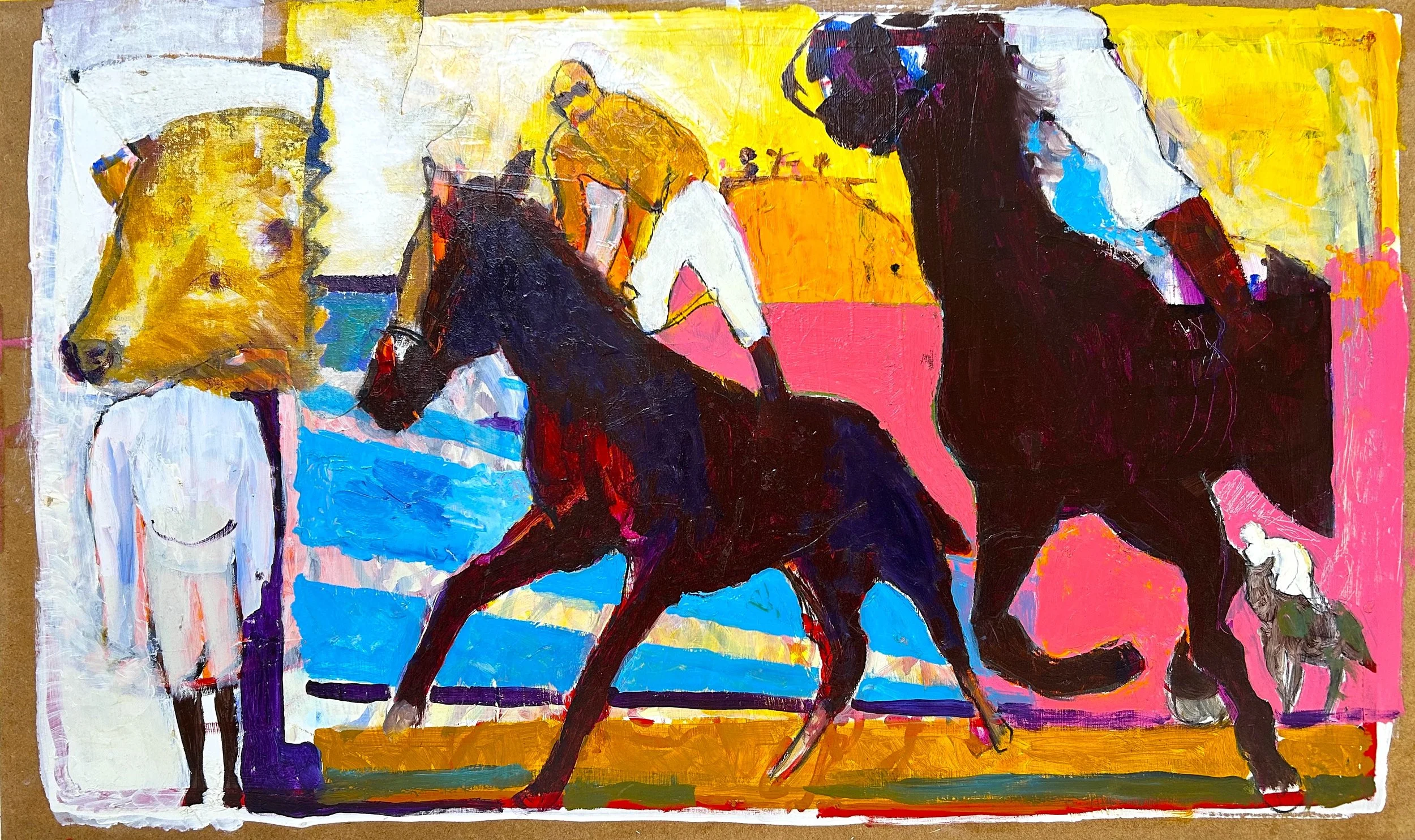 The Riders, Virgile Demo, 58.2cm x 97cm x0.6cm, Acrylic, Oil, Charcoal, Canvas Collage on Wood Panel, 2024