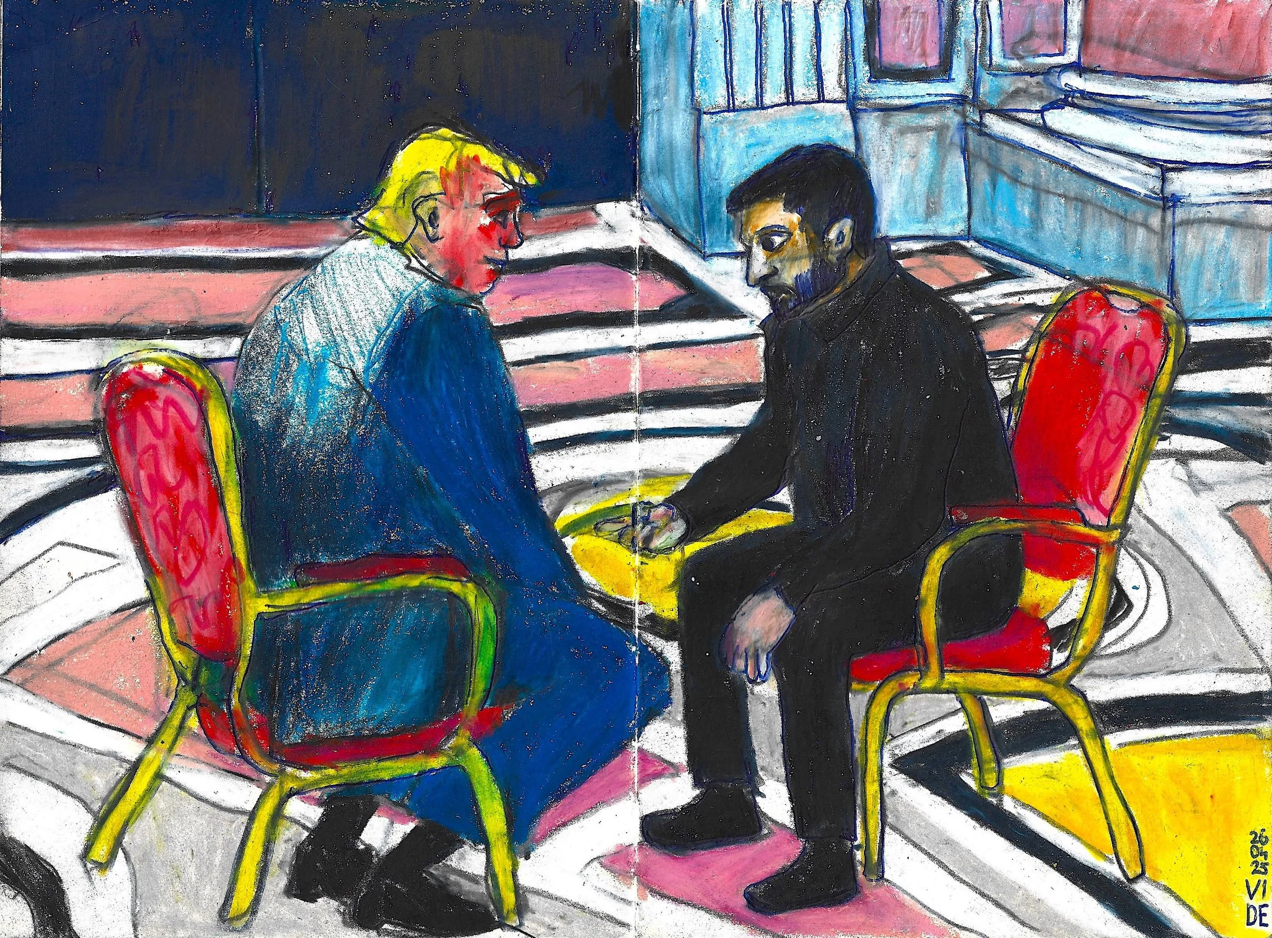 Two Men at a Funeral (26-28/04/2025), Virgile Demo, Ball Pen & Wax Pastel on Sketchbook (A5), 2025 ©Demo Dema