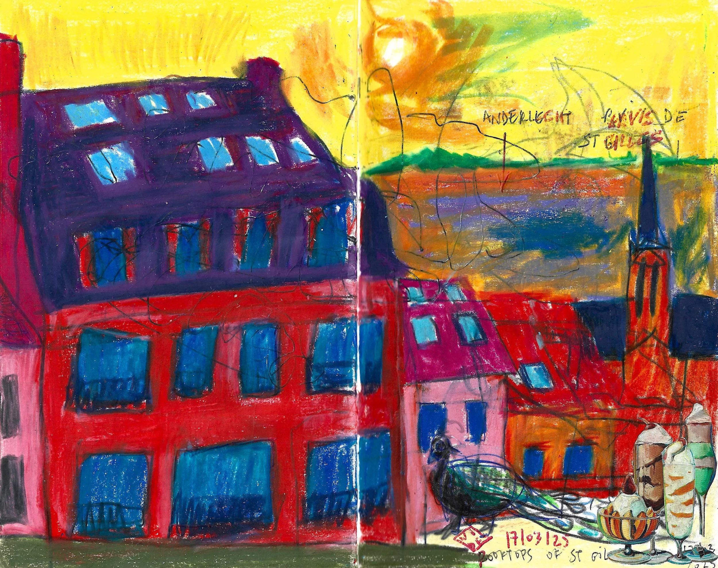 Rooftops of Saint-Gilles (17/03/2025), Virgile Demo, Colour Pencil, Wax Pastel & Paper Cut-Out on Sketchbook (A5), 2025 ©Demo Dema