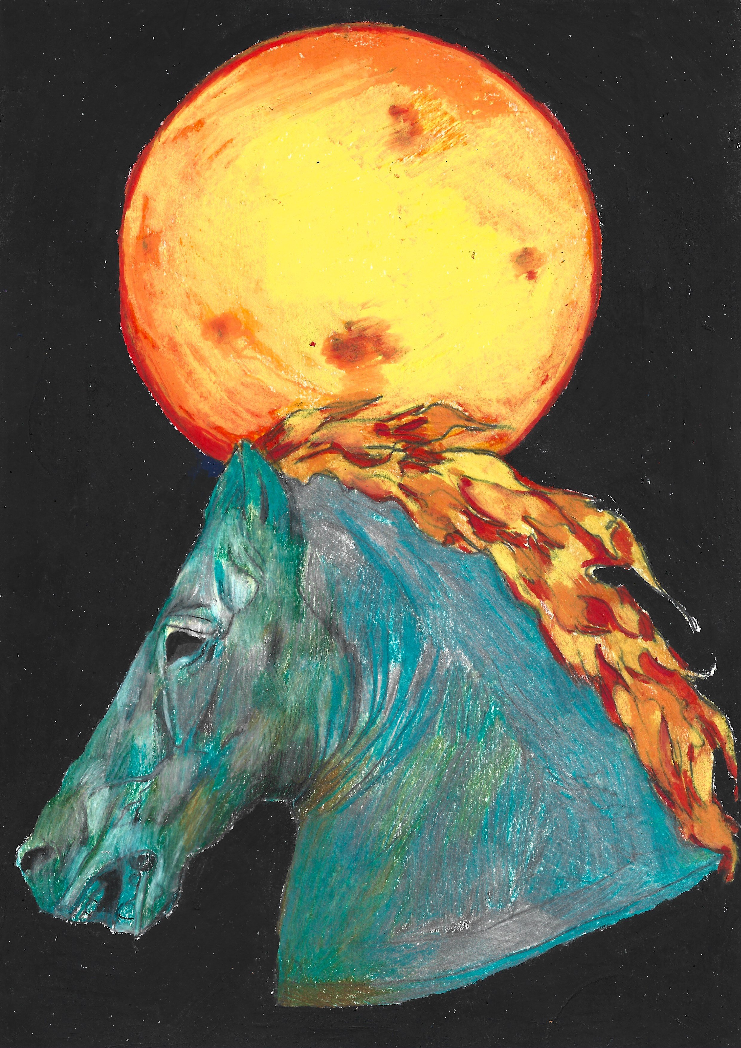 Fire Horse: Sun, Karolina Dema, Colour Pencil and Wax Pastel, 21 x 29.7cm, 2026 ©Demo Dema