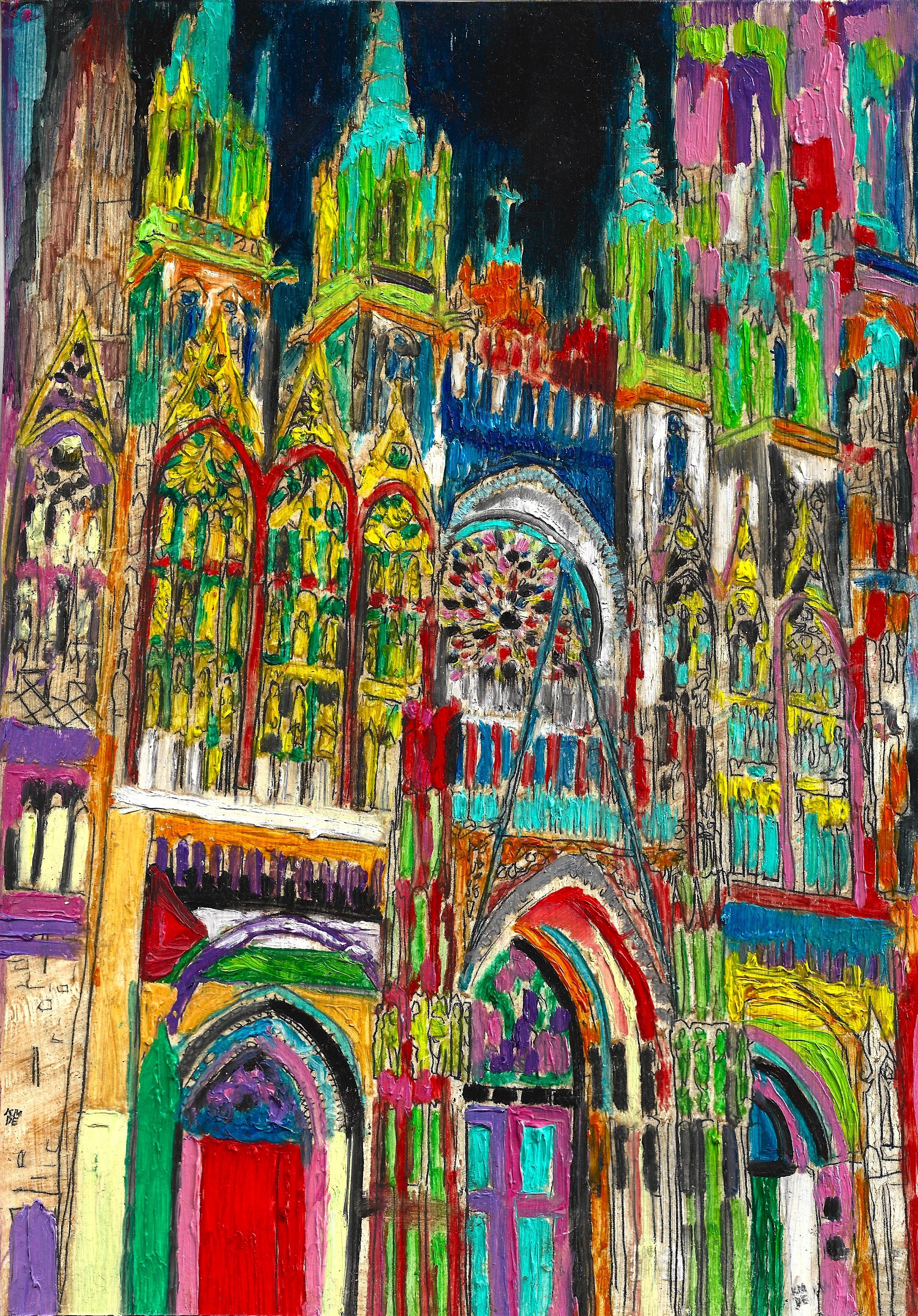 After Monet: Rouen Cathedral at Night,  Karolina Dema: Central Panel 20.5cm x 29cm, Oil Paint on Cardboard, 2025