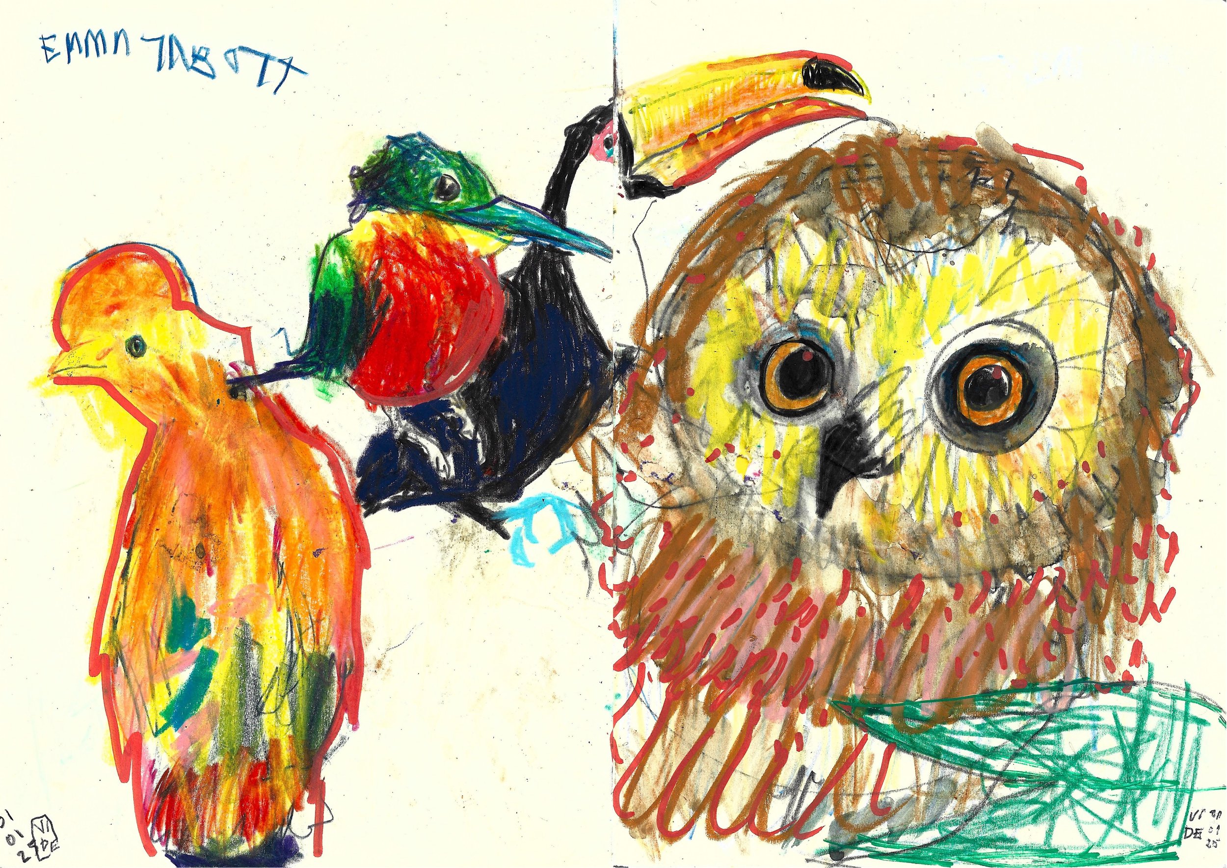 New Year Birds (Emma Tabott), Virgile Demo, Wax Pastel, Poska Marker, Colour Pencil & Coffee on Sketchbook Paper (A4), 2025
©Demo Dema