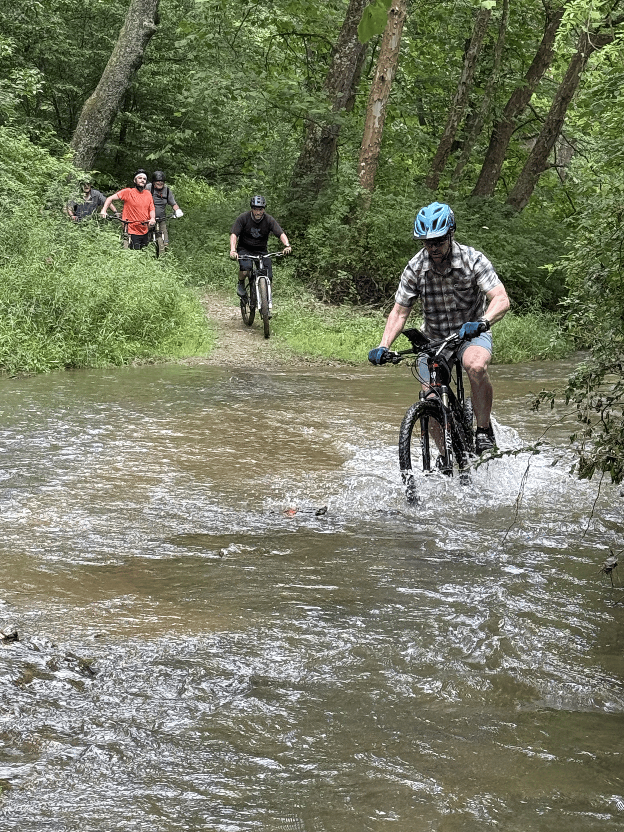 Group of five people mountain biking through a shallow stream in a forested area.