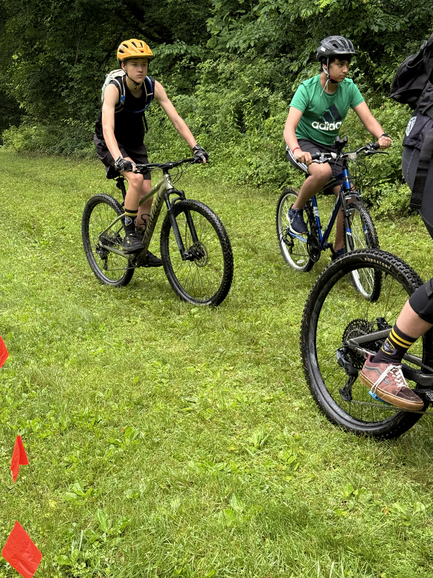 Two young boys riding mountain bikes on a grassy trail surrounded by green trees, wearing helmets and sports clothing, with a small orange marker cone in the foreground.