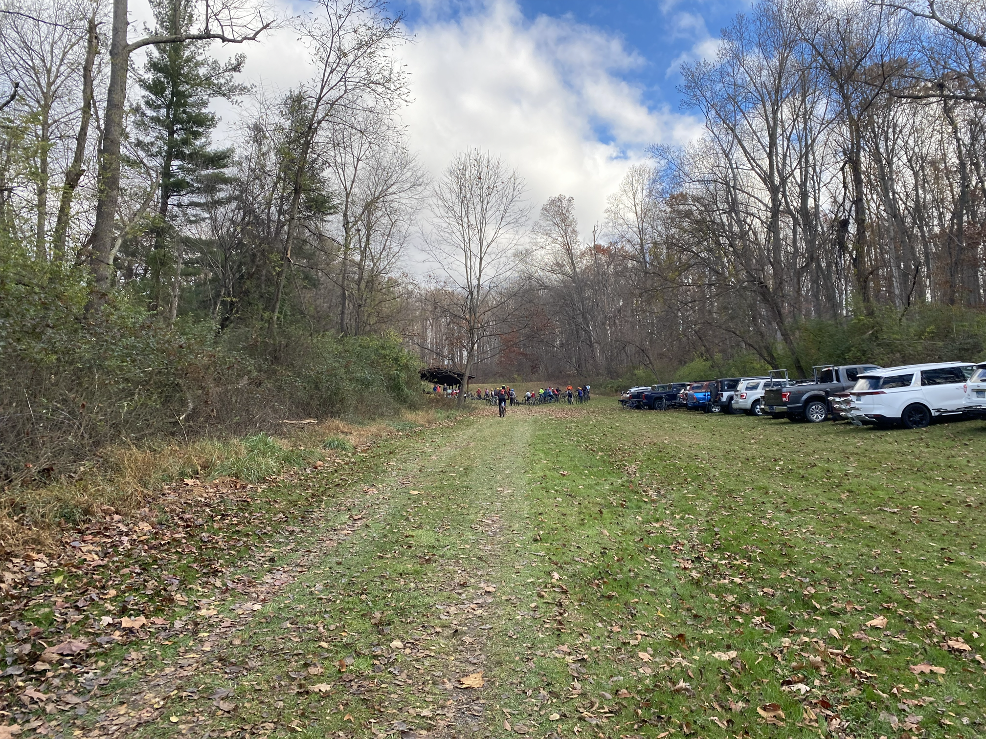 A park with a parking lot on the right and a large group of people with bikes gathered under trees in the background on a cloudy day.