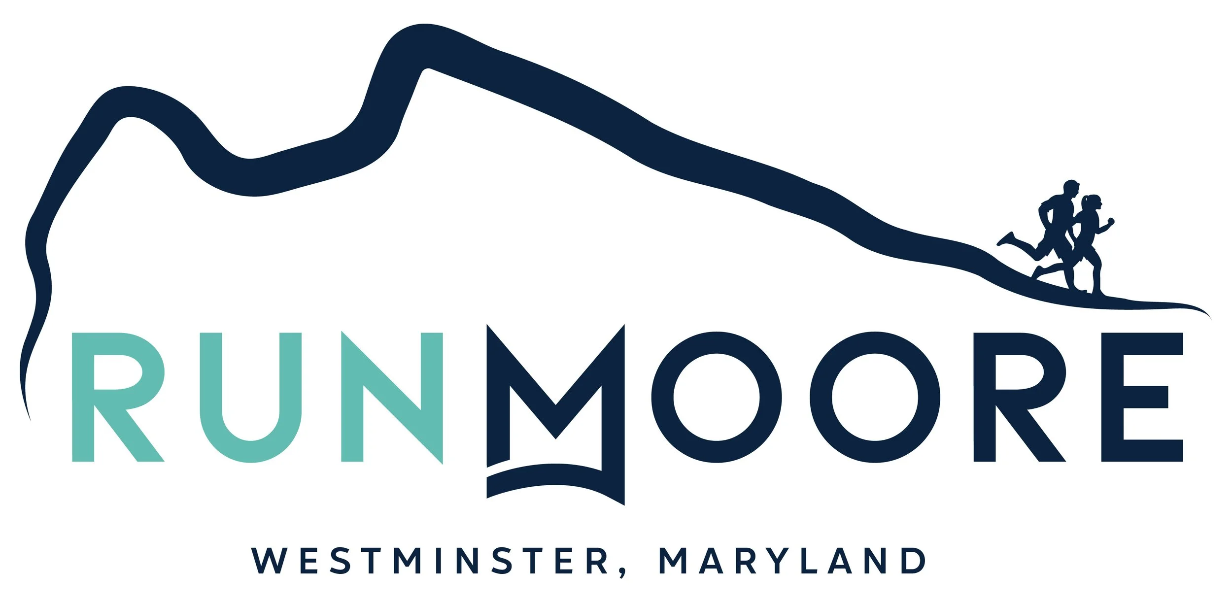 Logo featuring a stylized mountain with two runners, with the text 'Run Moore' and 'Westminster, Maryland'.