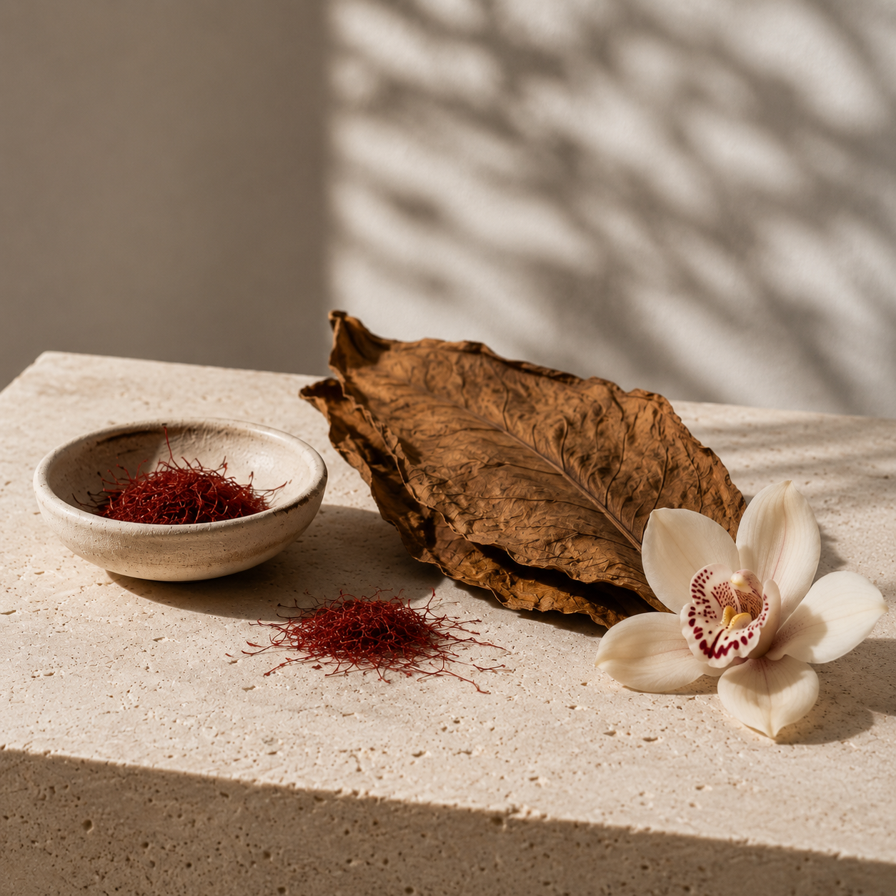 A dried brown leaf, a white orchid flower, a small bowl filled with red dried saffron threads, and a loose few saffron threads on a beige textured surface, with shadows and sunlight.