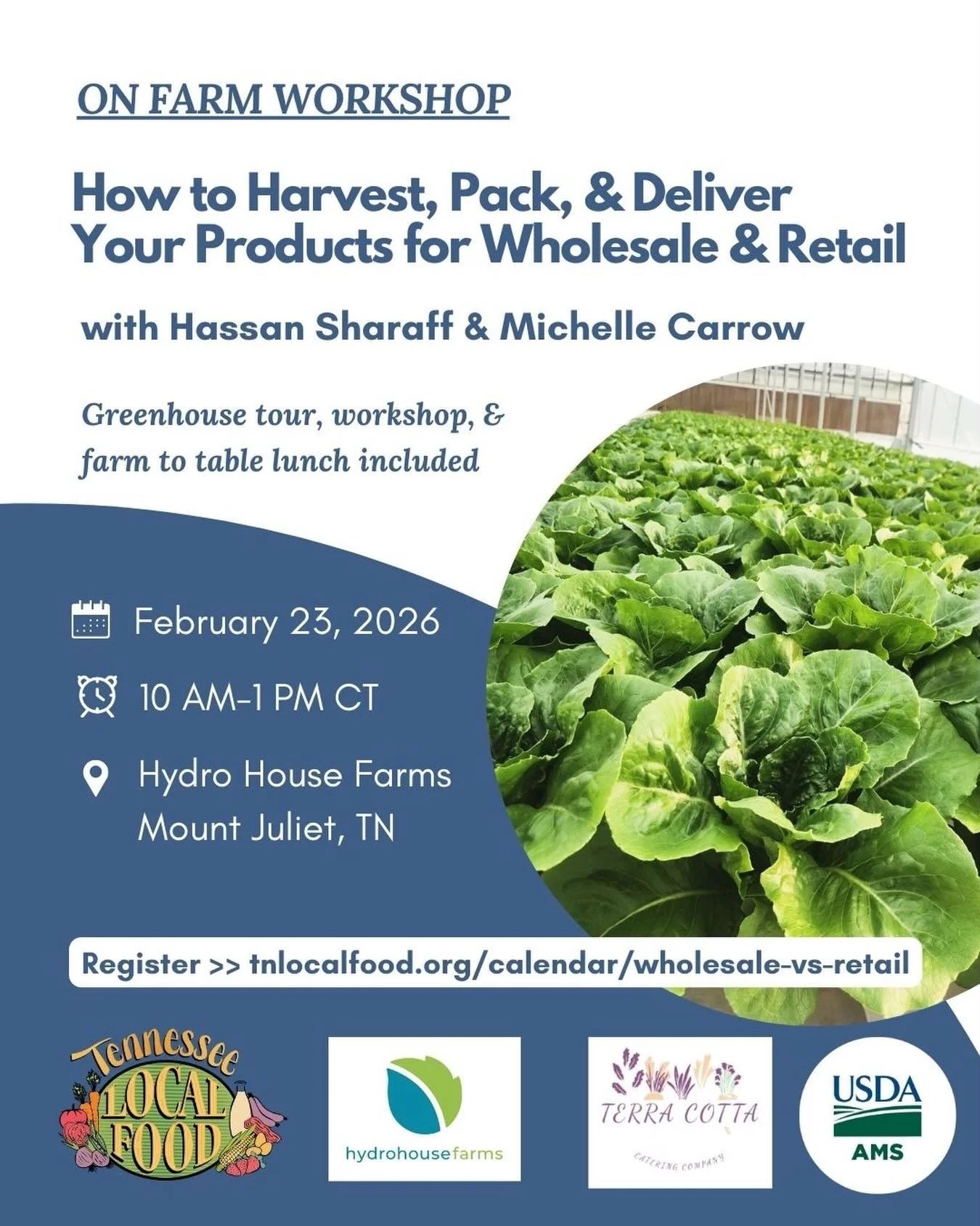 Join us at Hydro House Farms for a greenhouse tour, workshop, and farm to table lunch crafted by Terra Cotta Catering!

Learn how to prepare and deliver your products for commercial and retail sales, as well as the important fundamental differences b