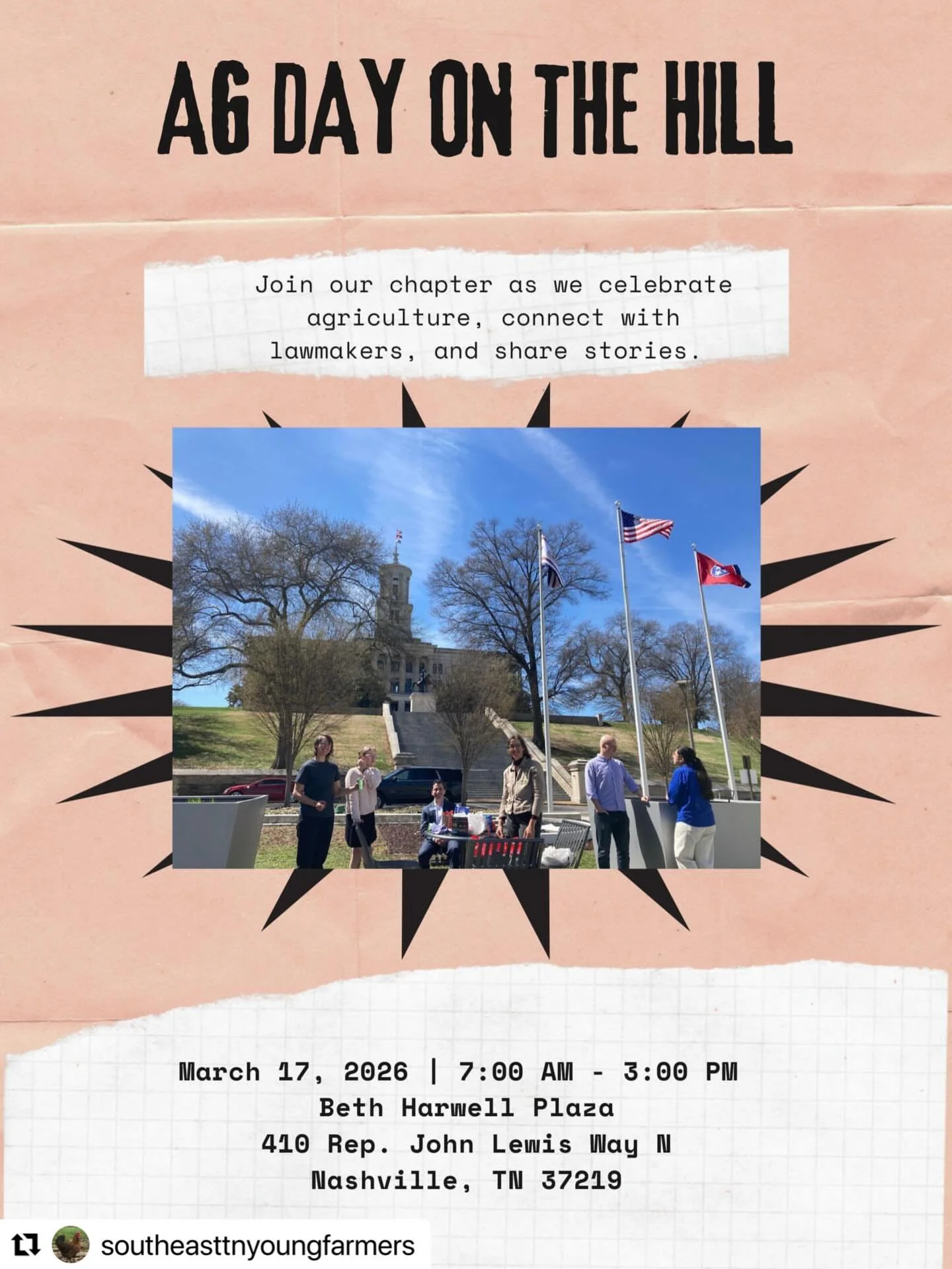Join us as we advocate for farmers on the hill!!

Repost from our friends @southeasttnyoungfarmers 

・・・

‼️AG DAY ON THE HILL IS MARCH 17‼️

Join us at The Capital for Ag Day on The Hill on March 17! We&rsquo;ll do some tabling, meet with lawmakers,