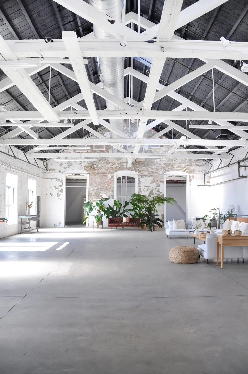 Interior of a spacious industrial-style room with white exposed beams on the ceiling, large windows, white walls, brick accents, and minimalist furniture including a brown leather sofa, white chairs, and various potted plants.