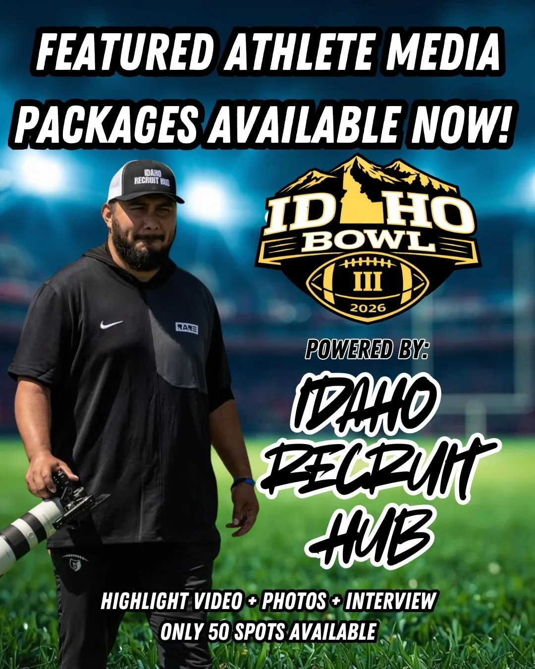 The Idaho Bowl has partnered with @IdahoRecruitHub to bring Featured Athlete Media Packages to Idaho Bowl athletes.
.
This is your athlete&rsquo;s chance to be featured by our official media team throughout the week and on game day.
.
🎥 Highlight Vi