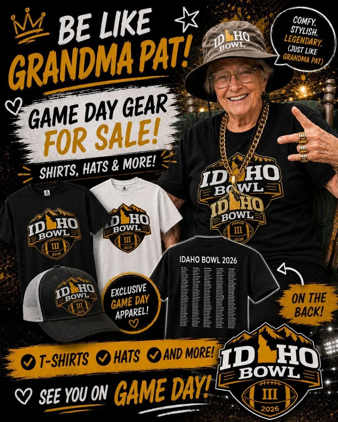 BE LIKE GRANDMA PAT 😎🏈
.
Grandma Pat has spoken&hellip; and she says you need some Idaho Bowl gear.
.
🖤 Exclusive Game Day Apparel
👕 Official 2026 Idaho Bowl T-Shirts
🧢 Idaho Bowl Hats
🔥 Limited quantities available
.
Whether you're cheering fr