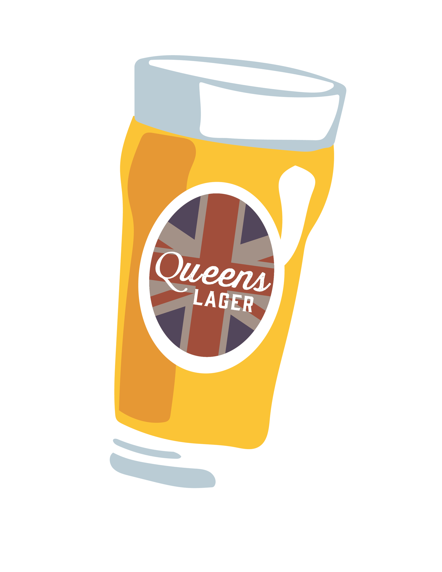 Image contains an illustration of a pint glass filled with beer labeled "Queen's Lager" over an ellipse of the Union Jack flag.