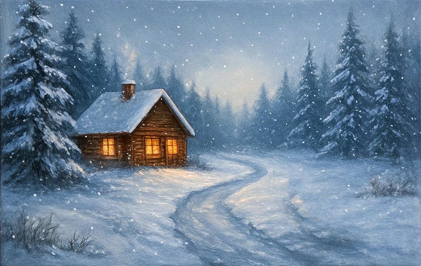 Cabin in the Snow acrylic painting class with Carol King