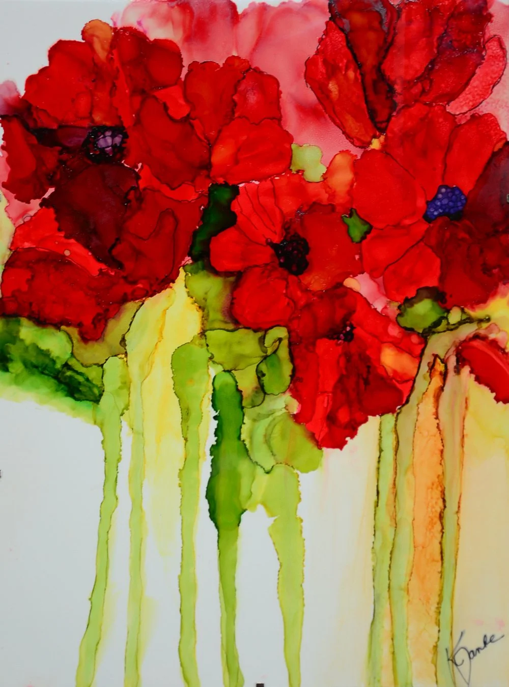 Alcohol ink red flowers with flowing background