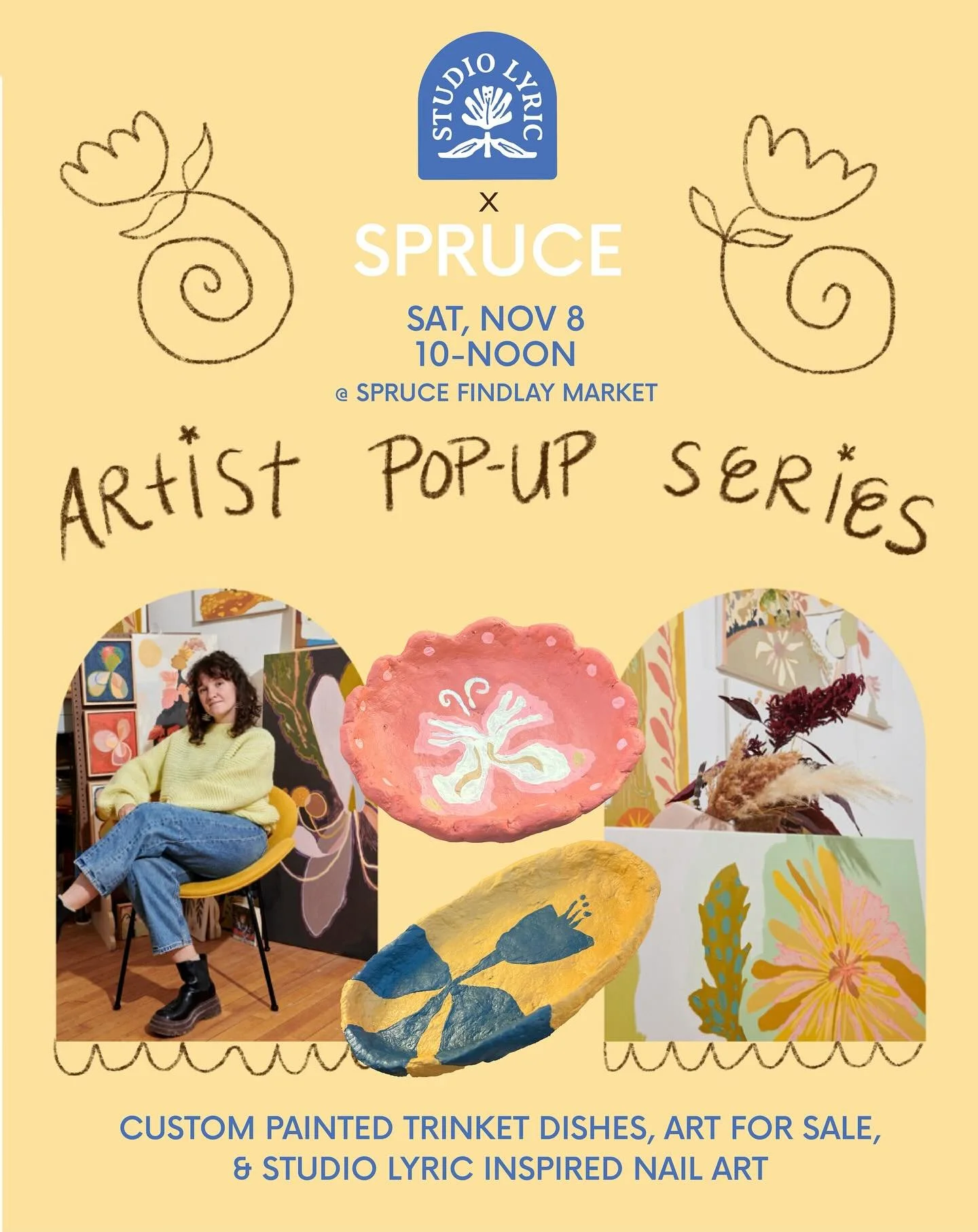 To cap off Lyric&rsquo;s Big Week In Cincy&trade;️, this Saturday Nov 8, I&rsquo;ll be popping up at @sprucenailshop in Findlay Market!! I have hand built a bunch of these little trinket dishes that I&rsquo;ll be custom painting, as well as selling p
