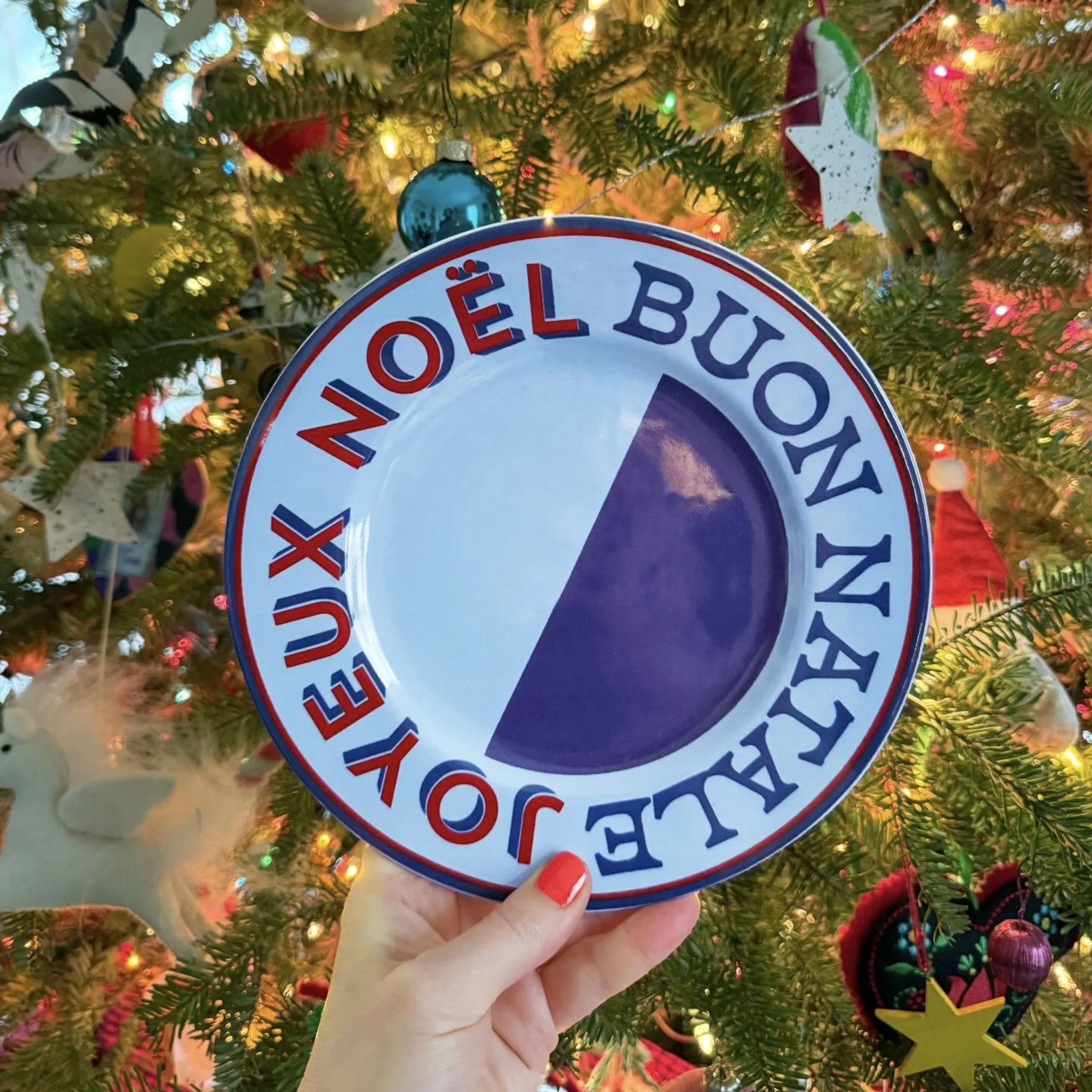 Pale blue plate trimmed with dark blue and red retro typography that says "Joyeaux Noel" and "Buon Natale" which mean Merry Christmas in french and italian.