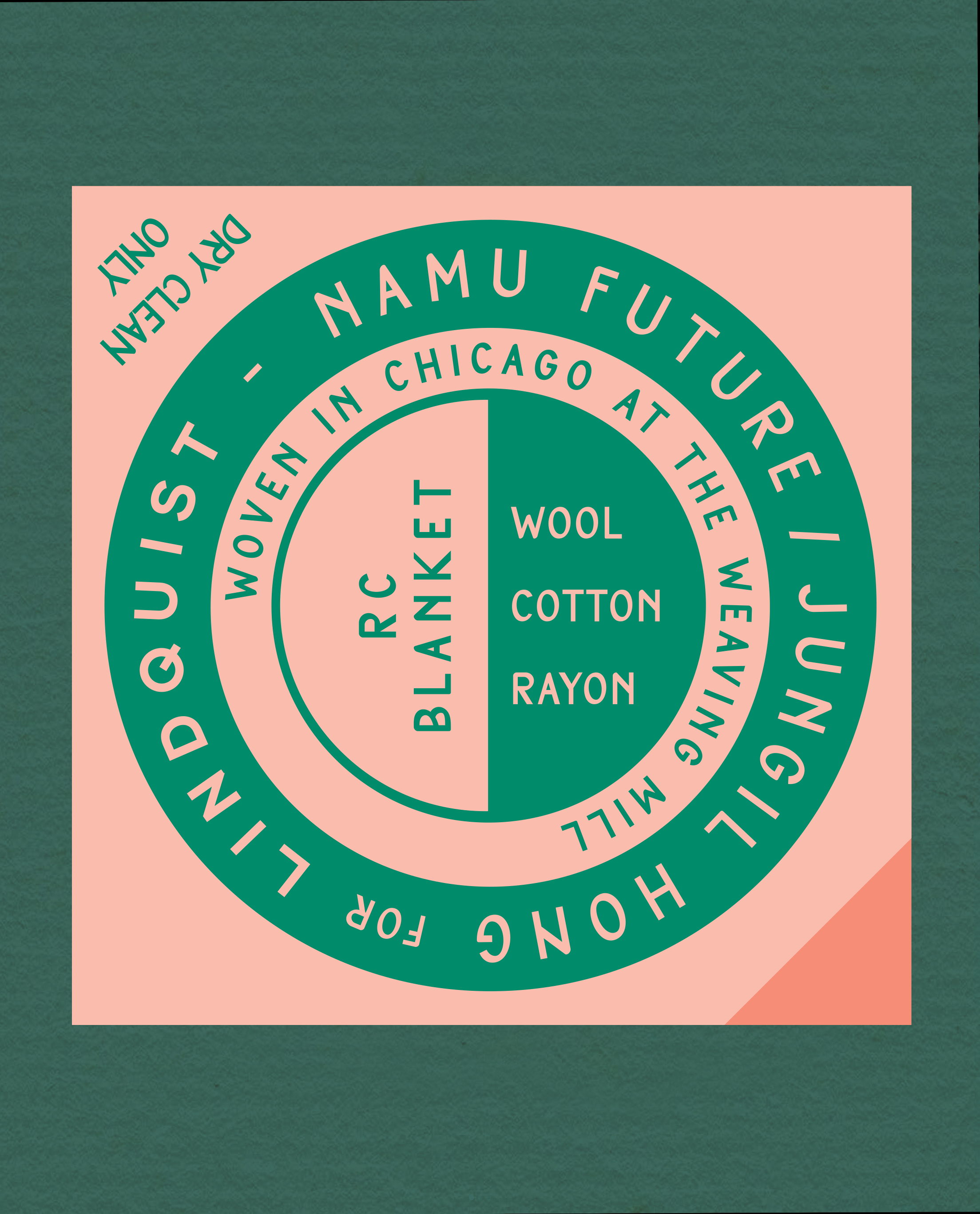 A coral pink and green label that says "Namu Future / Jungil Hong for LINDQUIST / RC Blanket"