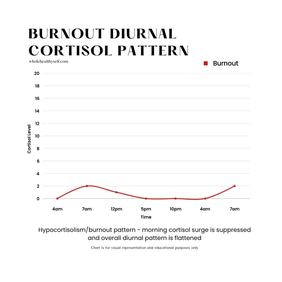 Line chart showing diurnal cortisol pattern with a single spike during early morning hours, labeled as trend for burnout.