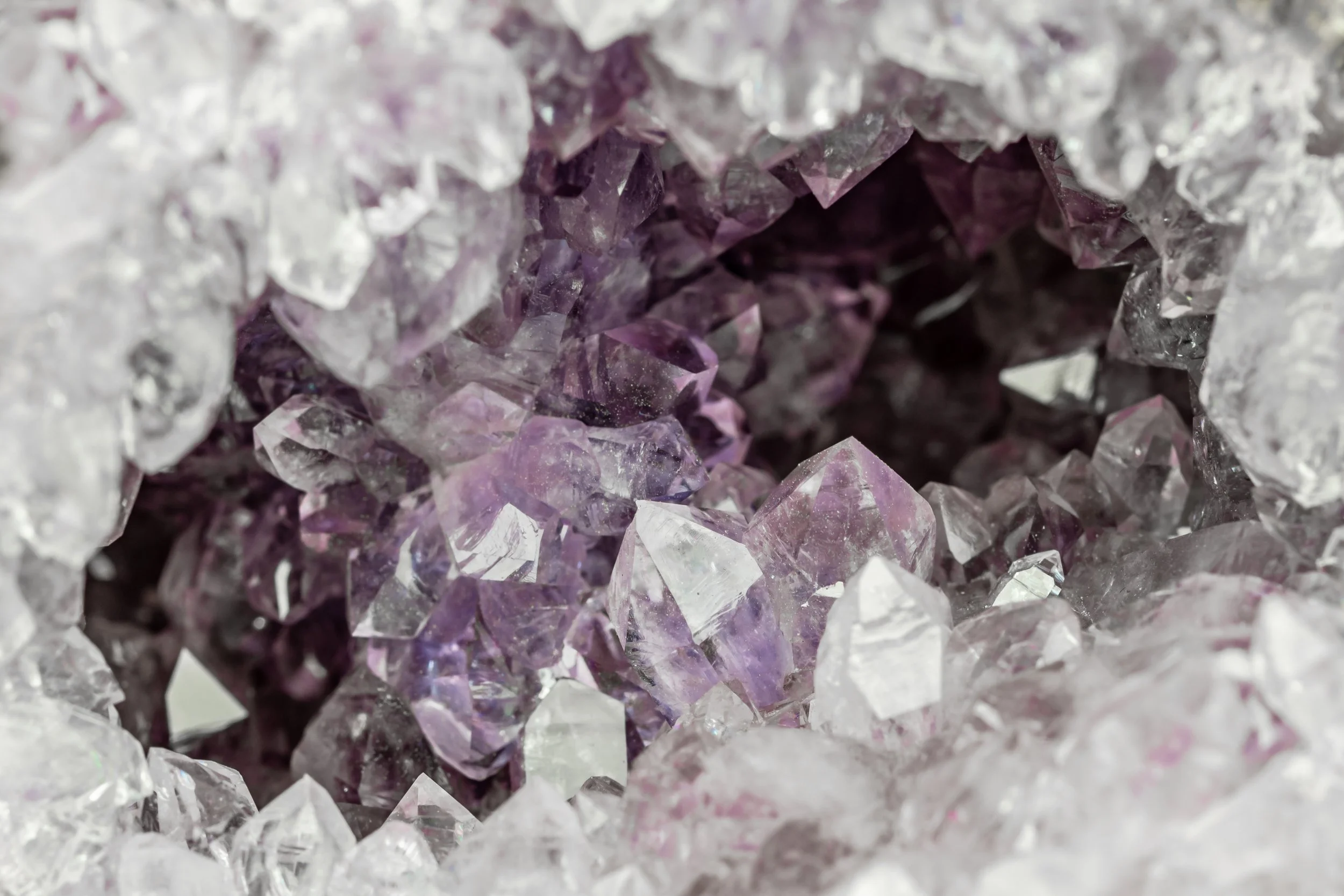 Close-up of a cluster of purple and clear crystals forming a hollow cavity.