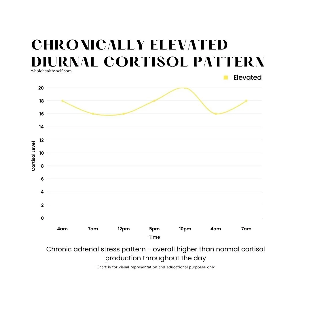 Line graph showing elevated cortisol levels throughout the day, with peaks in the morning and evening, indicating a chronic adrenal stress pattern.