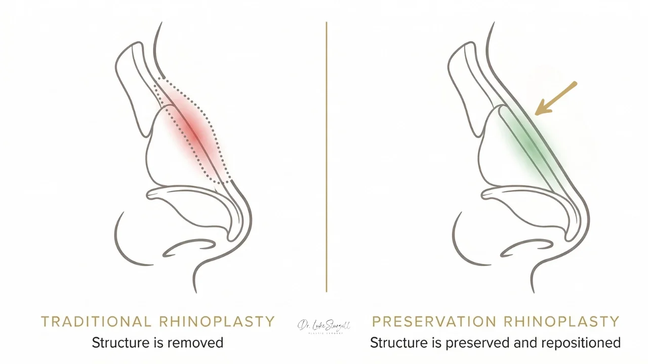 Diagram comparing traditional rhinoplasty, which removes structure from the dorsal hump, versus preservation rhinoplasty, which repositions the framework downward while keeping it intact
