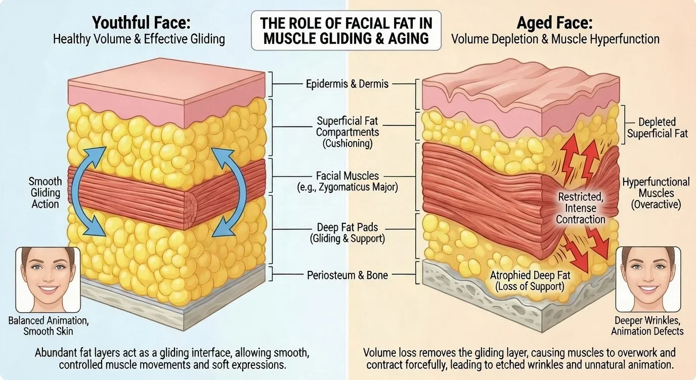 Infographic showing the role of facial fat in muscle gliding and aging — youthful face with healthy volume versus aged face with volume depletion and muscle hyperfunction