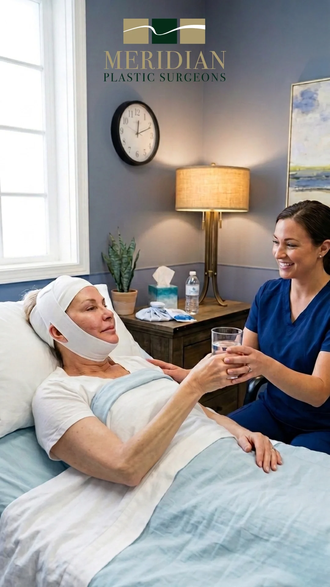 Patient recovering comfortably in a private overnight suite at Meridian Plastic Surgery Center in Carmel, Indiana