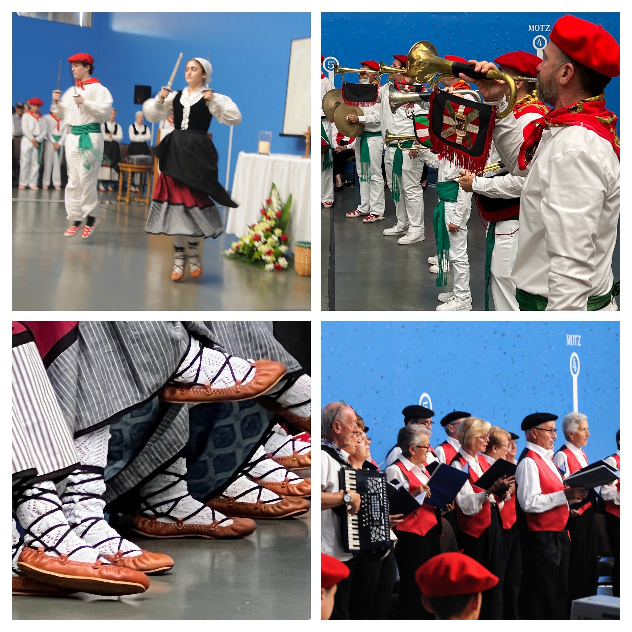 Collage of Basque cultural scenes: dancers in traditional attire, musicians with brass instruments, close-up of traditional shoes, and a choir performing. All participants are wearing traditional Basque clothing with red accents.